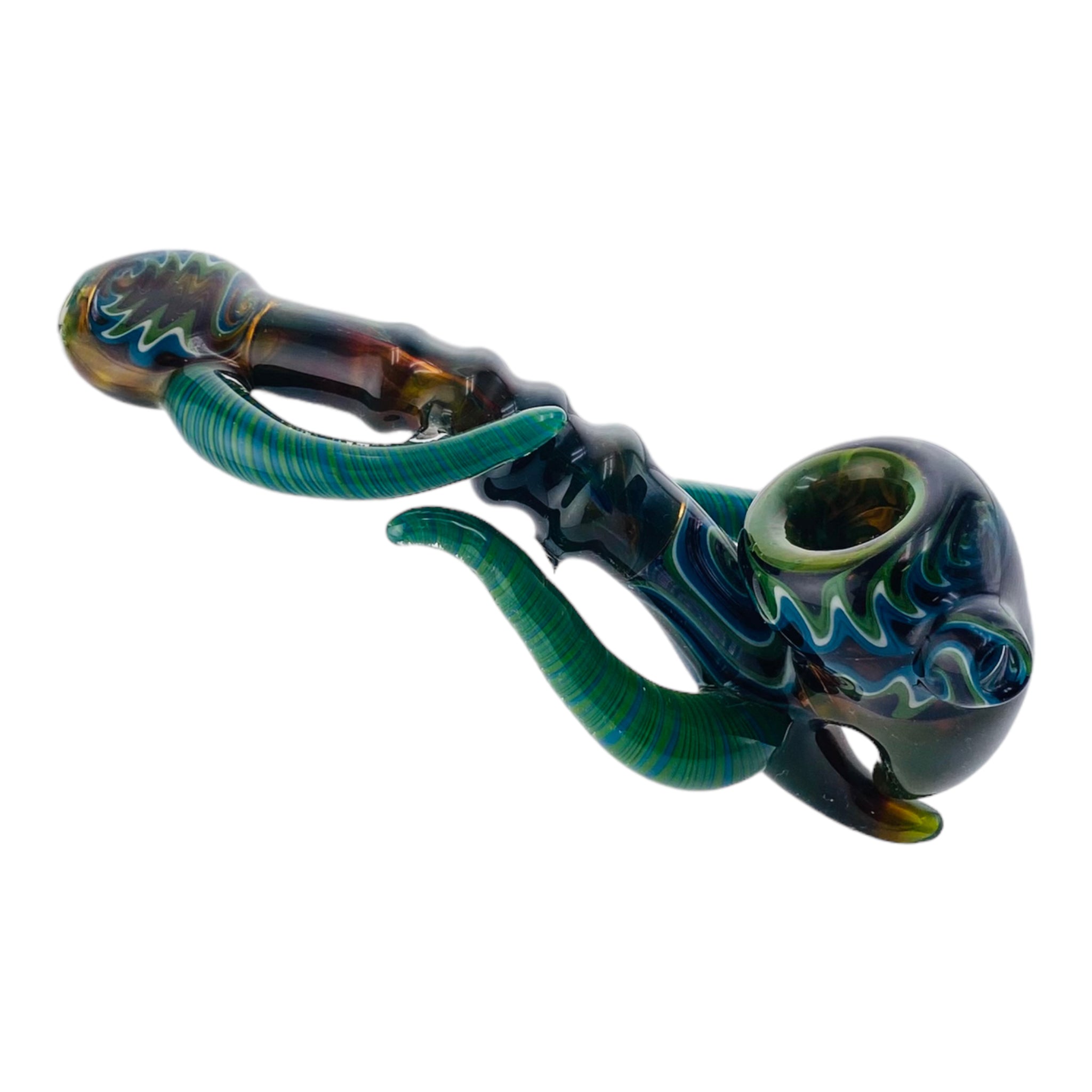 Blue And Green Wig Wag With Alientech And Opal Marble Glass Sherlock Hand Pipe