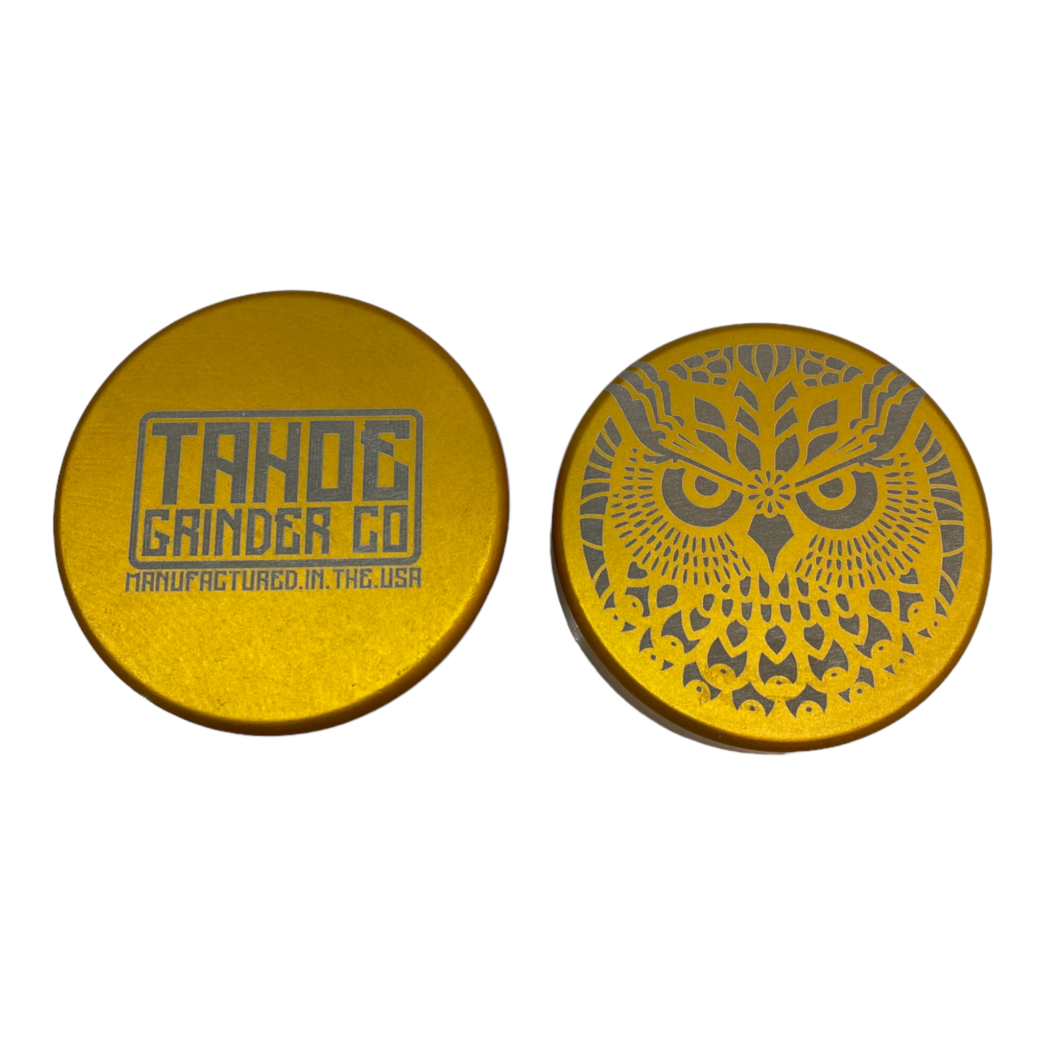 Tahoe Grinders - Gold Anodized Aluminum Large Two Piece Herb Grinder With Owl Face