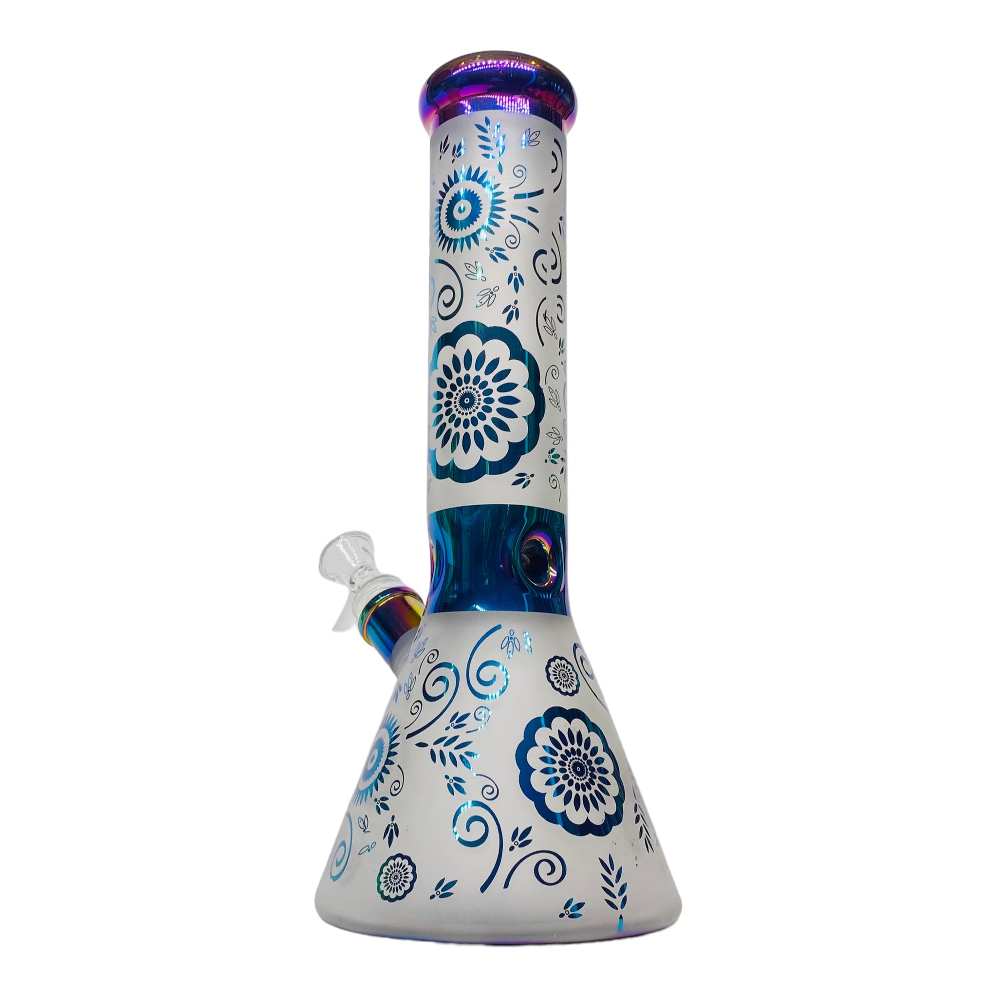 12 Inch Sandblasted Beaker Base Glass Bong With Rainbow Flowers