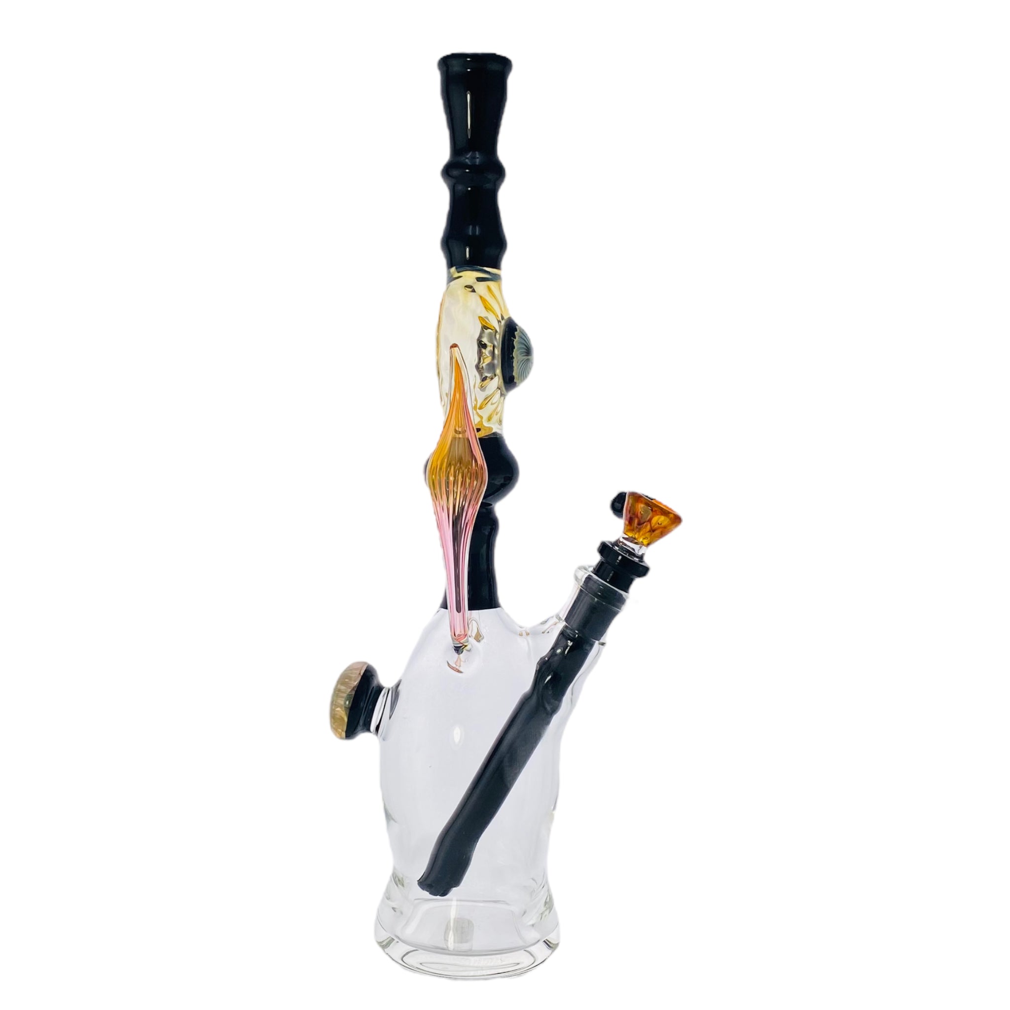 This 14-inch black and gold fume bong is a collaboration between Seth B Glass and US Tubes, combining superior craftsmanship with a stunning aesthetic. Fumed with real gold and featuring black US Tubes downstem