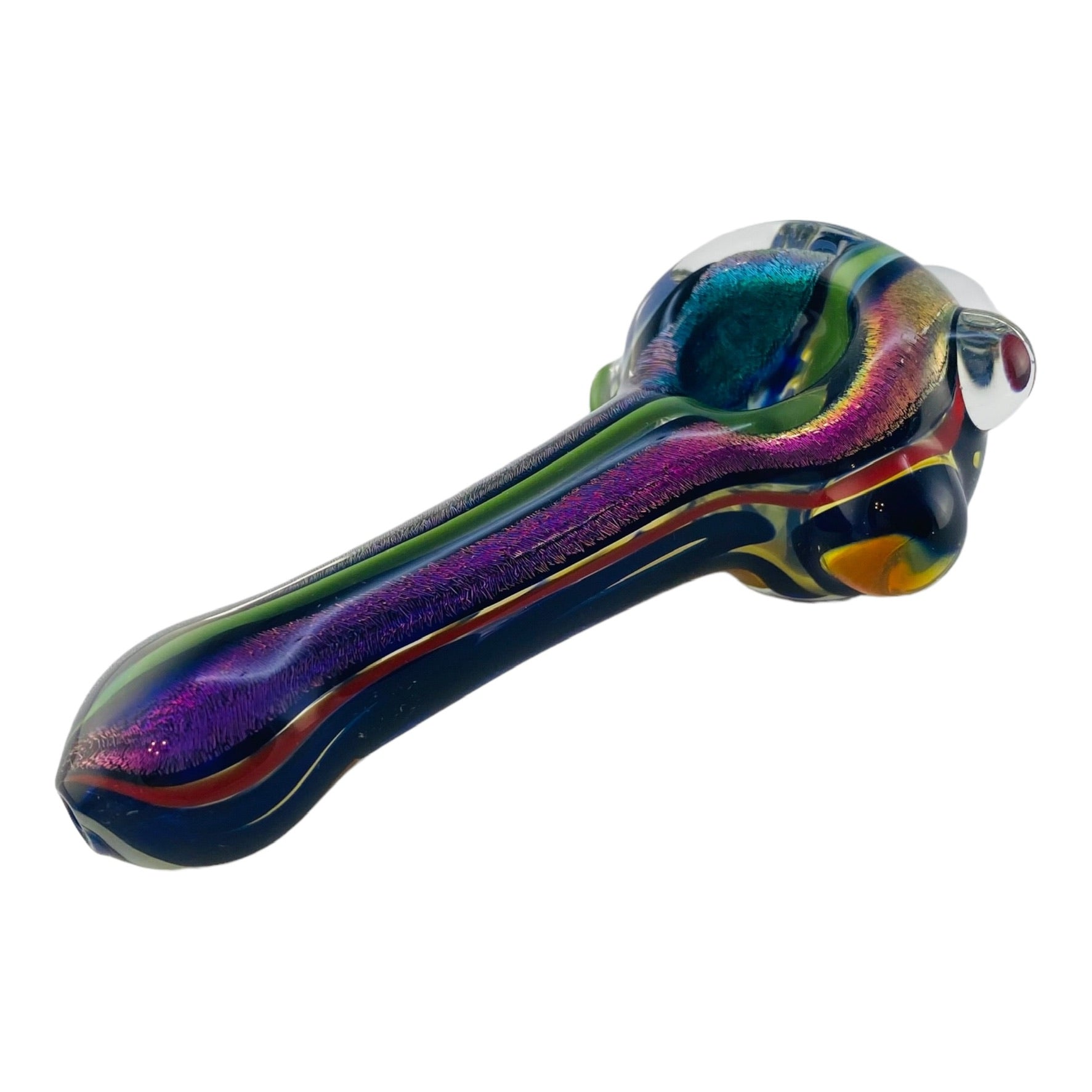 Glass Hand Pipe Inside Out Blue & Purple Dichro Strip With Attacked Marbles