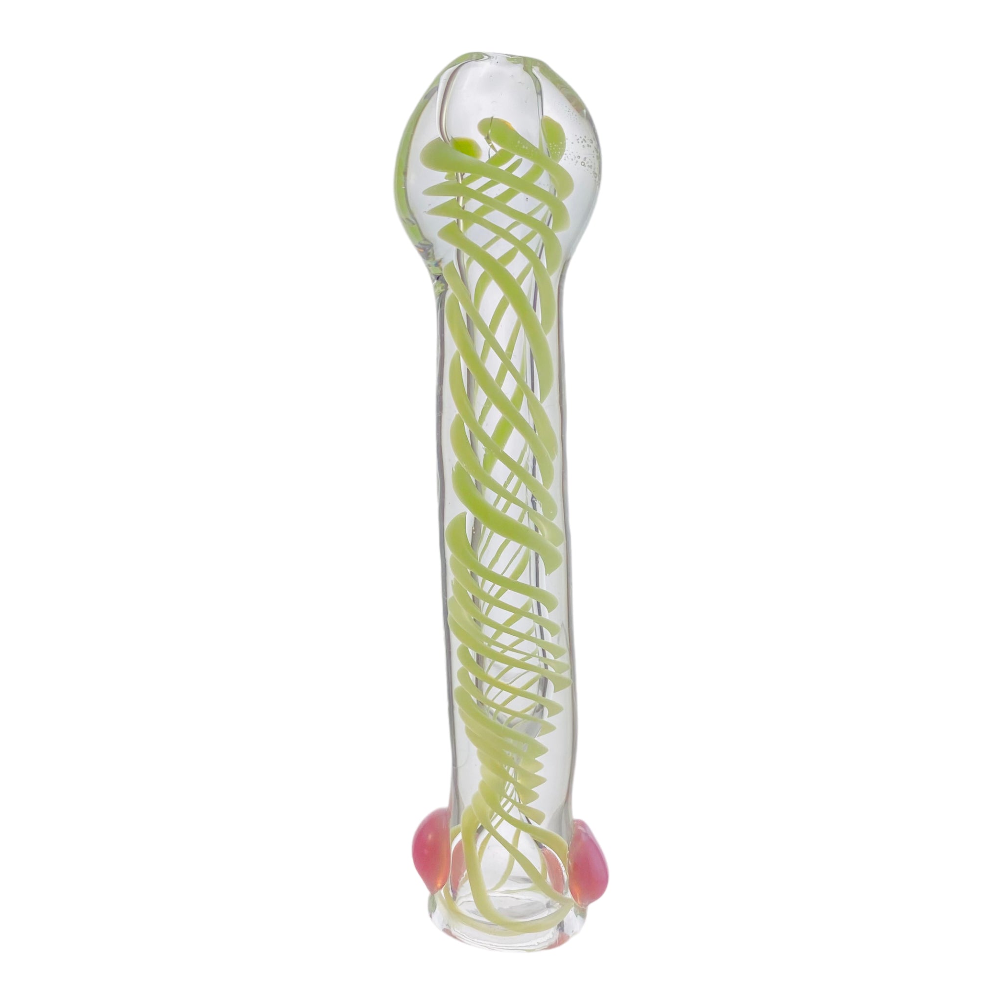 Glass Chillum Pipe - Green Spiral With Pink Dots