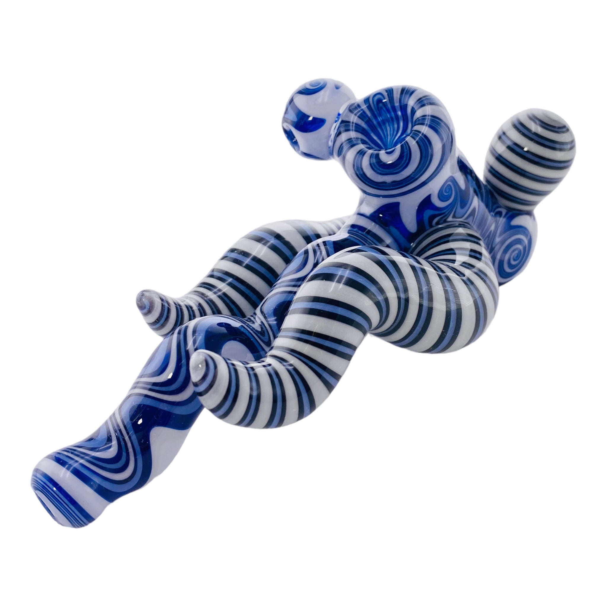 Custom Lay Down Blue And White Wig Wag Hammer Glass Hand Pipe