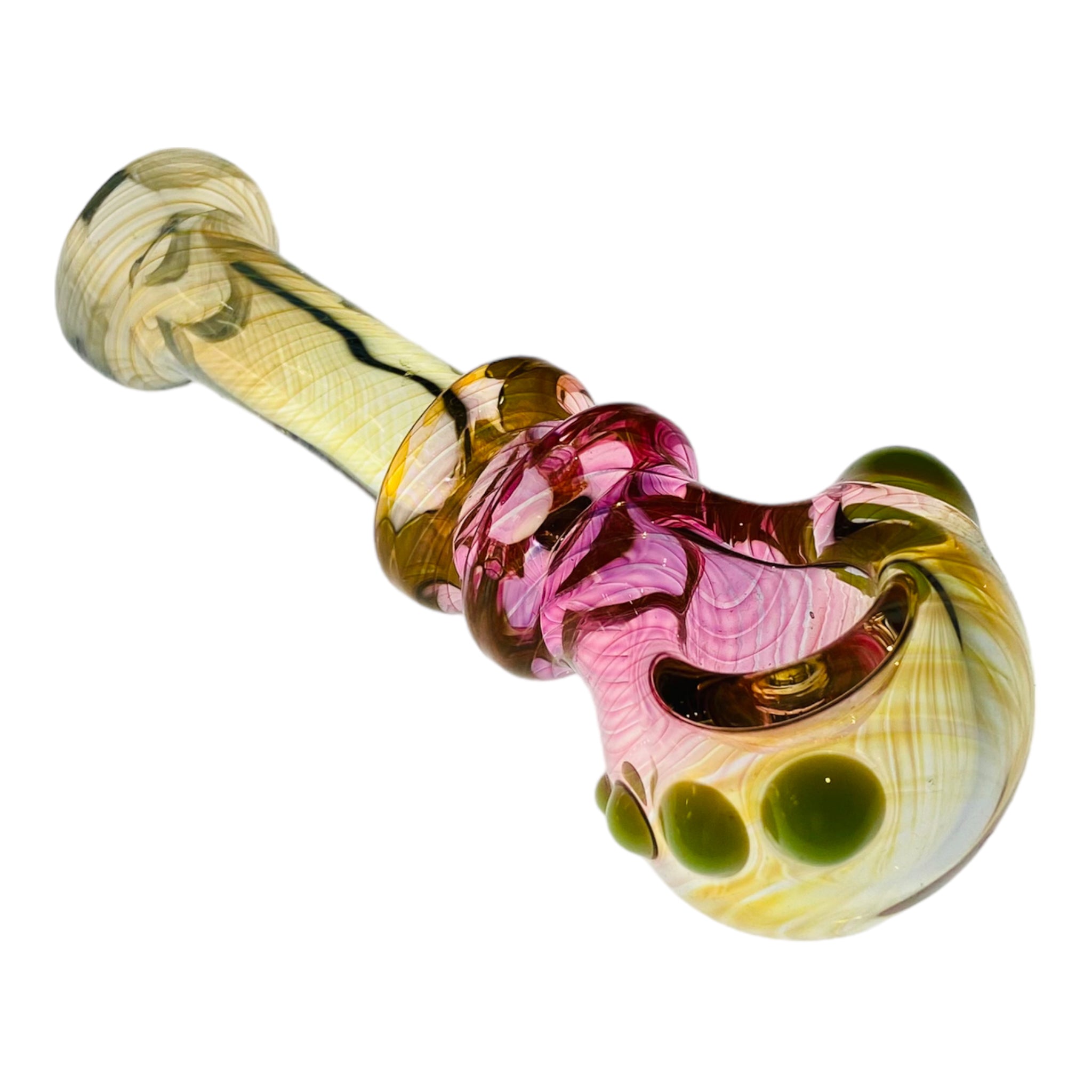 Pink And Yellow Inside Out Glass Hand Pipe With Green Carb