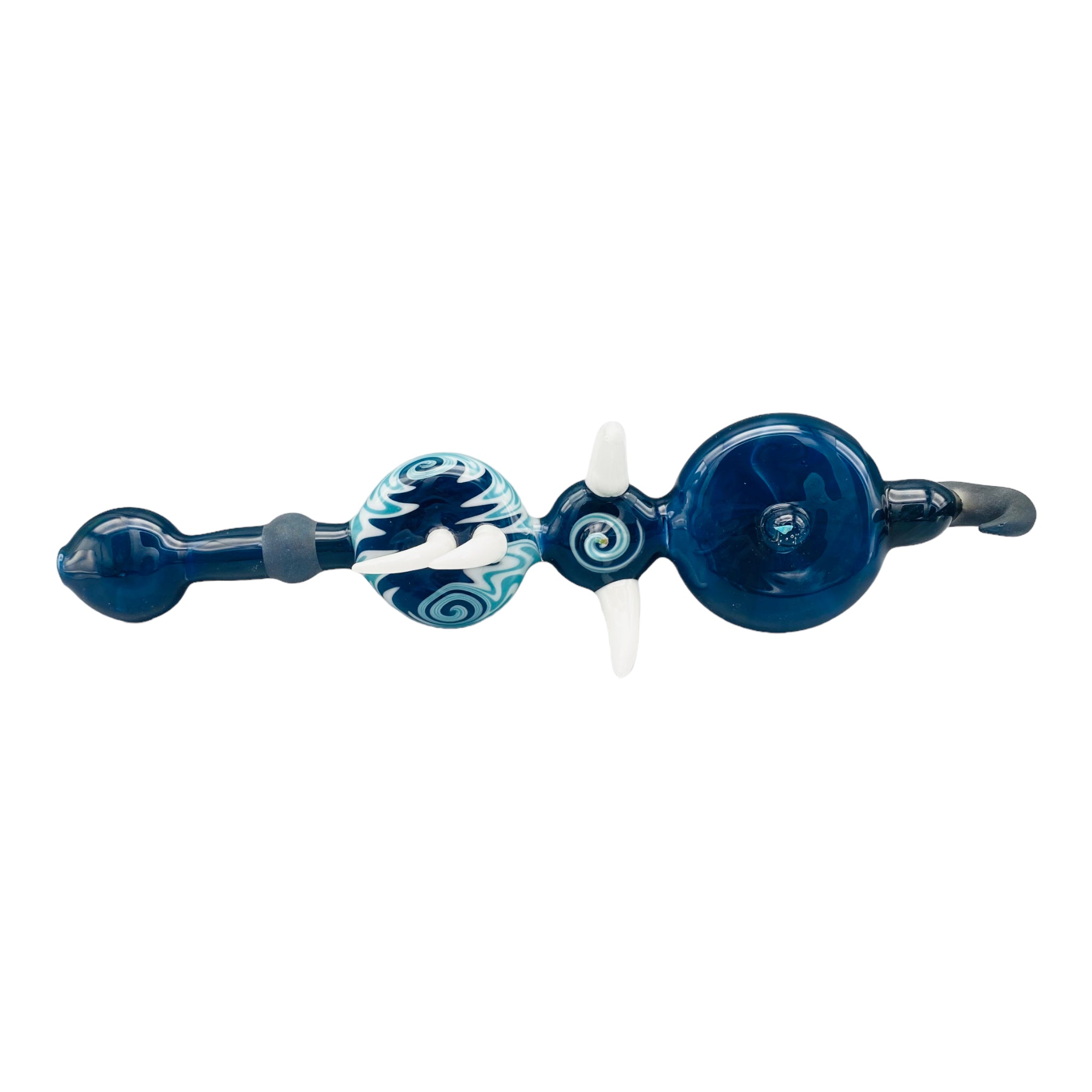 Large Blue Wig Wag Pull Bowl Custom Glass Dry Hand Pipe With Large Horns And Opals