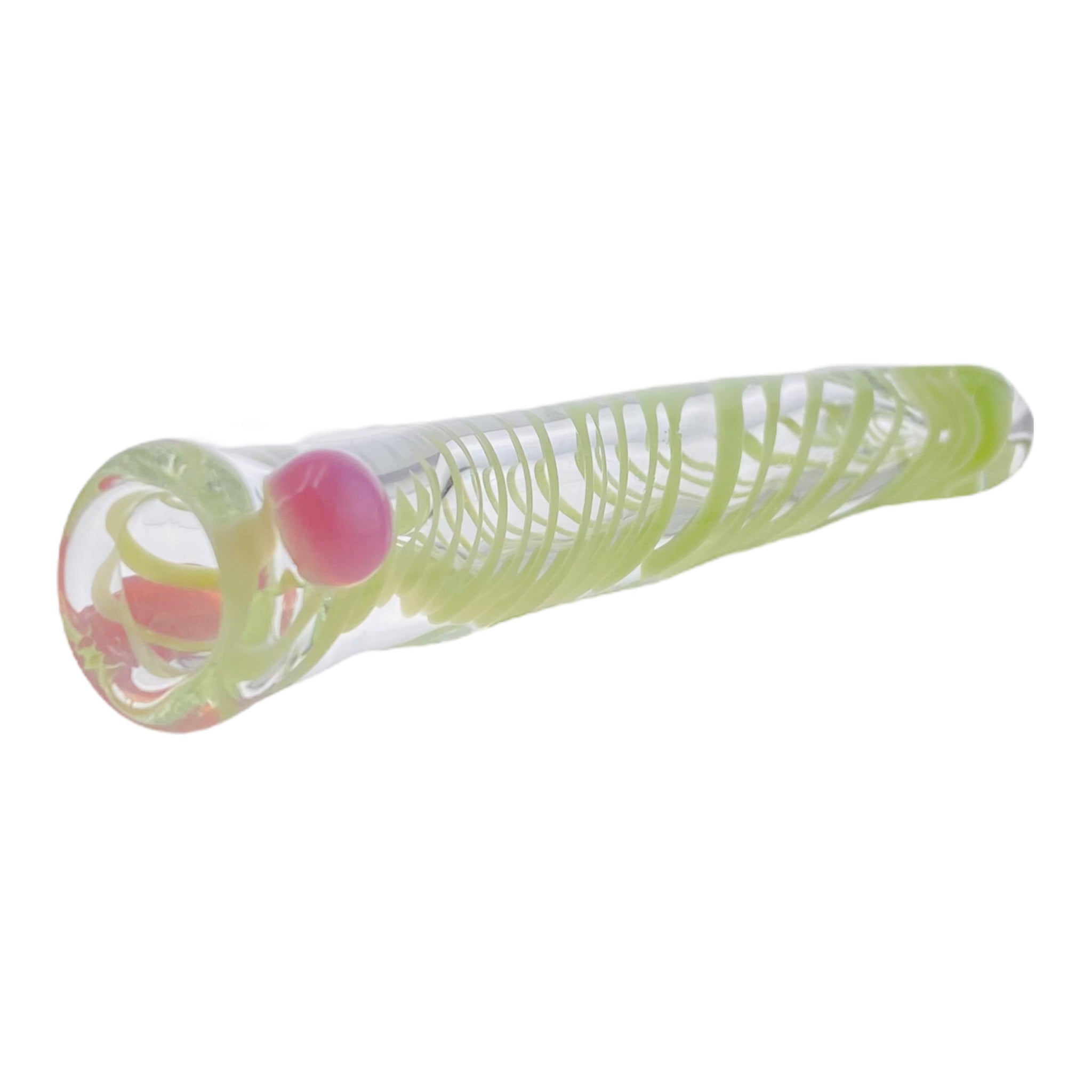 Glass Chillum Pipe - Green Spiral With Pink Dots