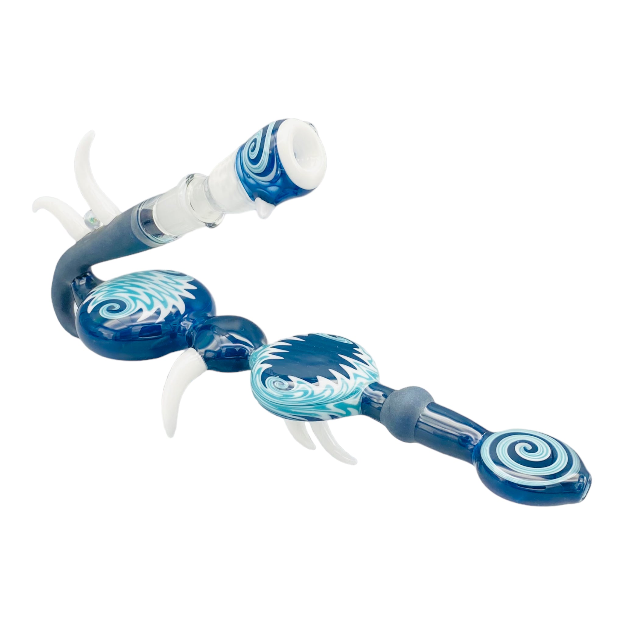 Large Blue Wig Wag Pull Bowl Custom Glass Dry Hand Pipe With Large Horns And Opals