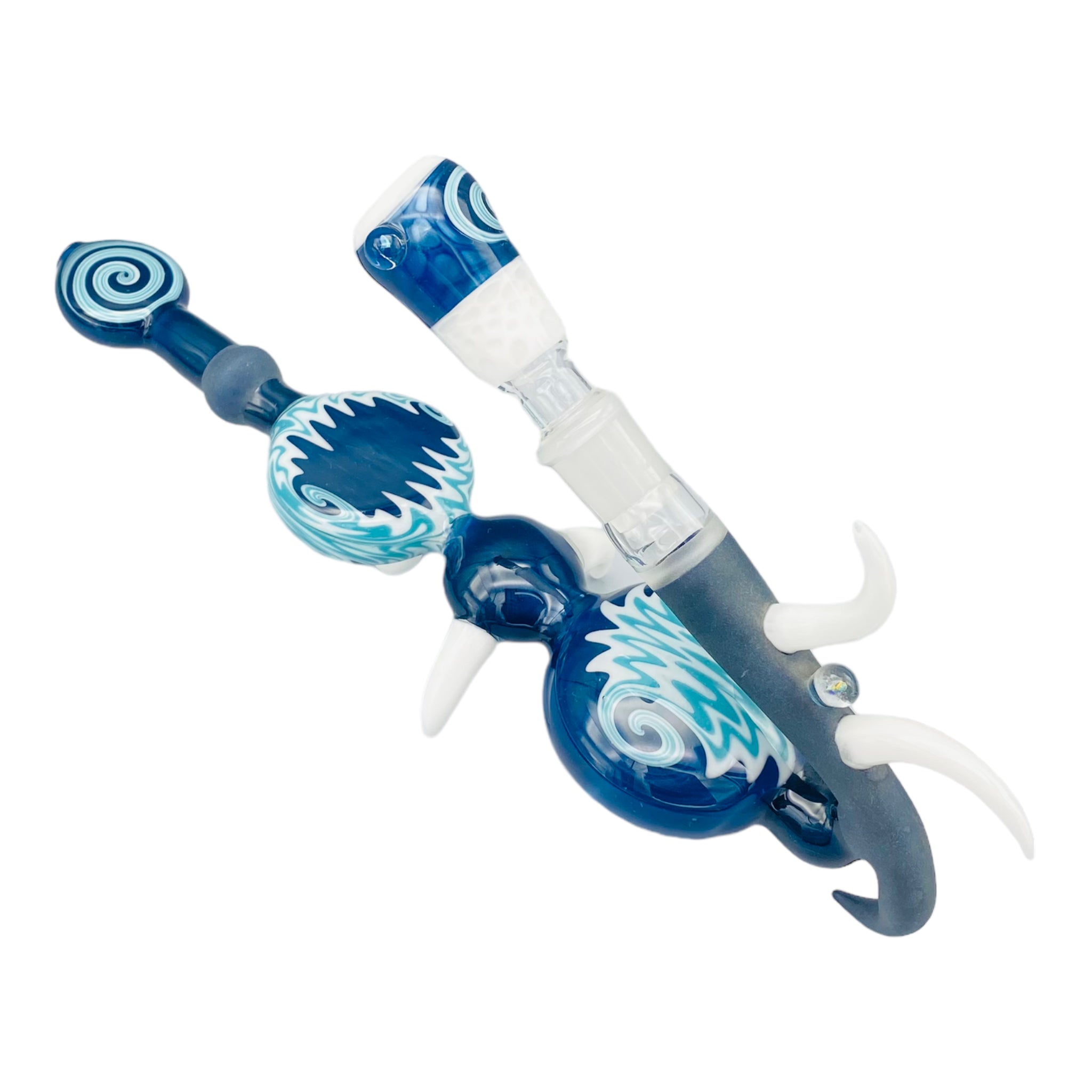 Large Blue Wig Wag Pull Bowl Custom Glass Dry Hand Pipe With Large Horns And Opals