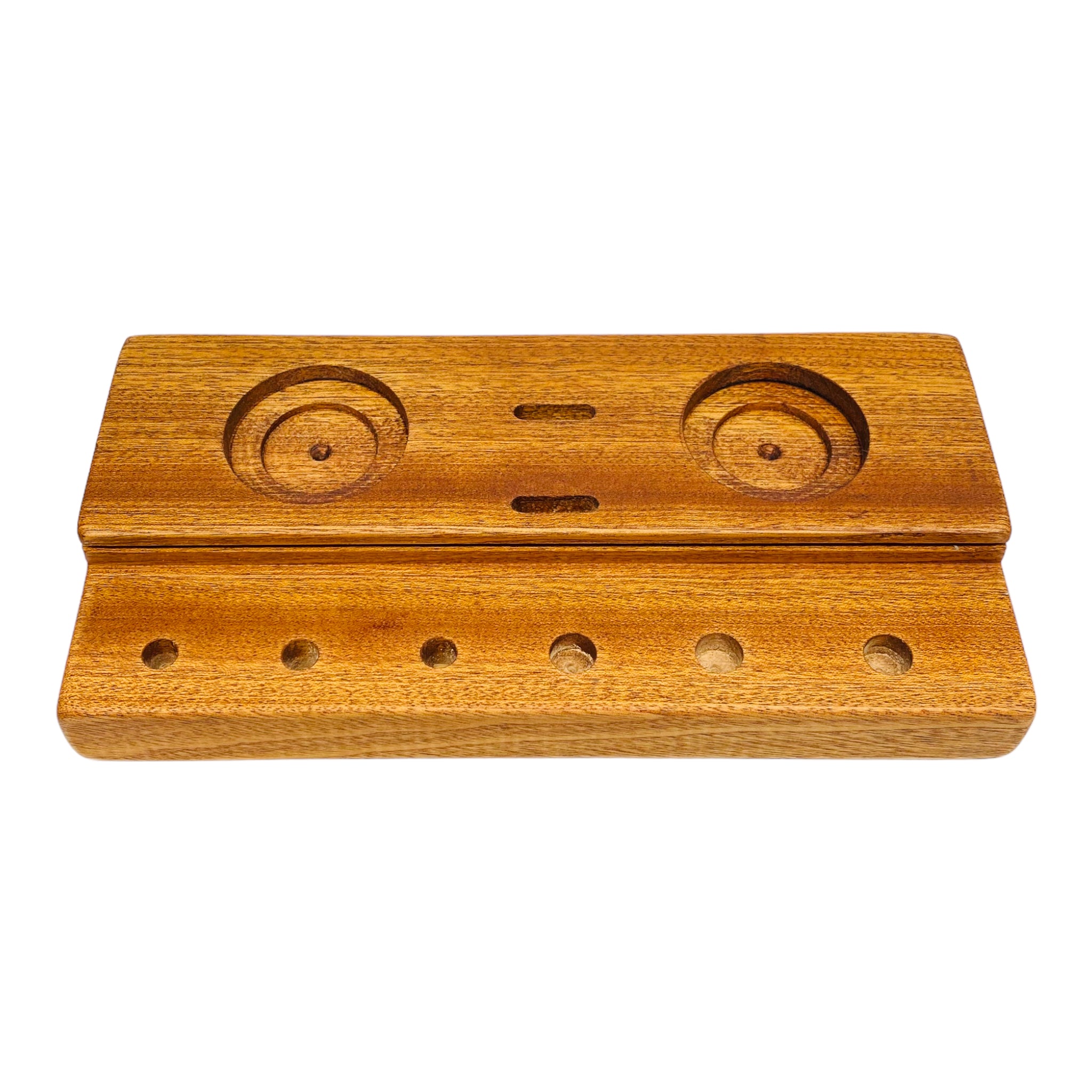 This Multi Hole Wood Dab Station And Display Stand Holder is made from premium mahogany and features two different sized holes for jars, two slots to hold Q Tips, and three 10mm and 14mm holes to hold various bong bowl pieces or quartz bangers. A perfect storage solution for the dab connoisseur.