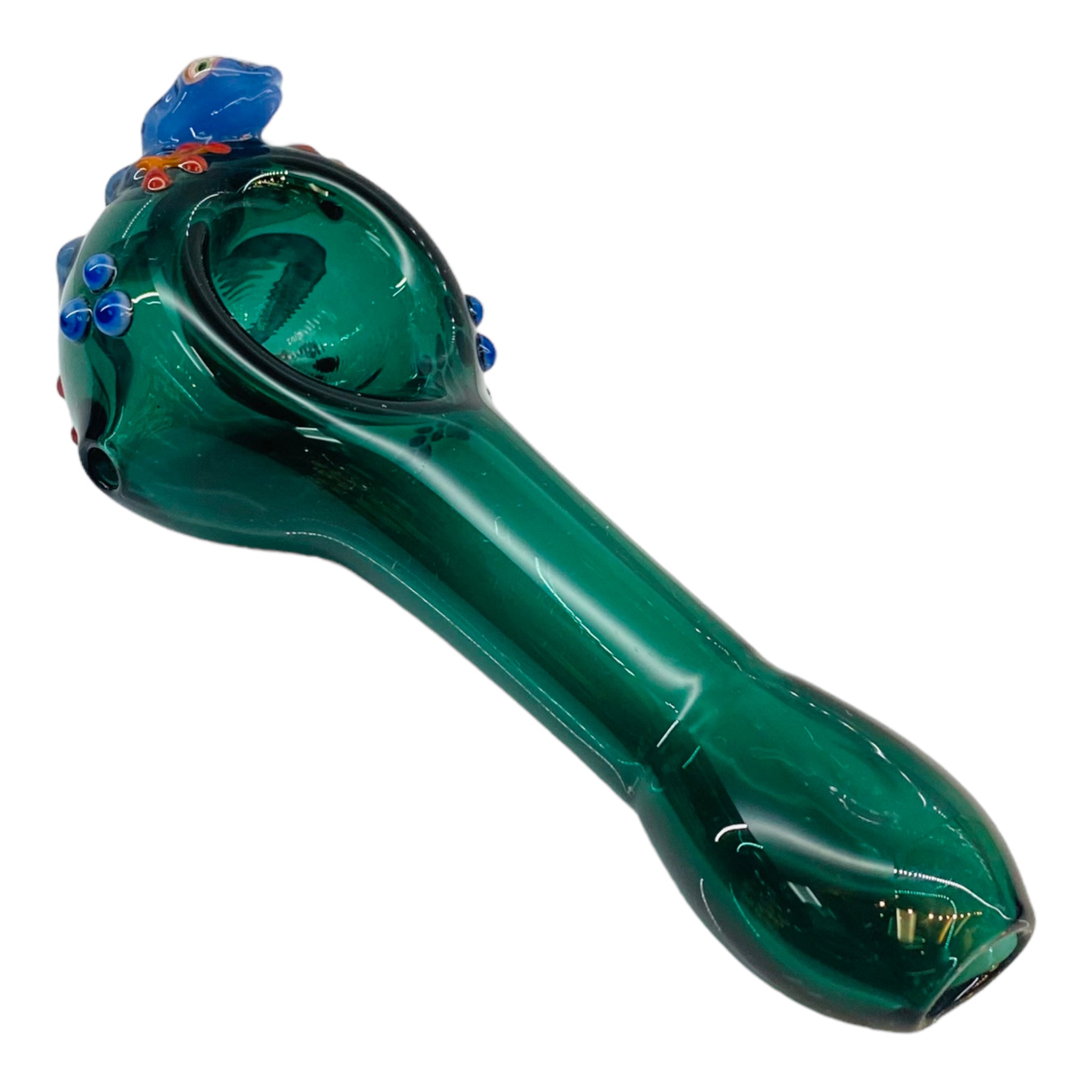Green Glass Hand Pipe With Blue Dart Frog On End