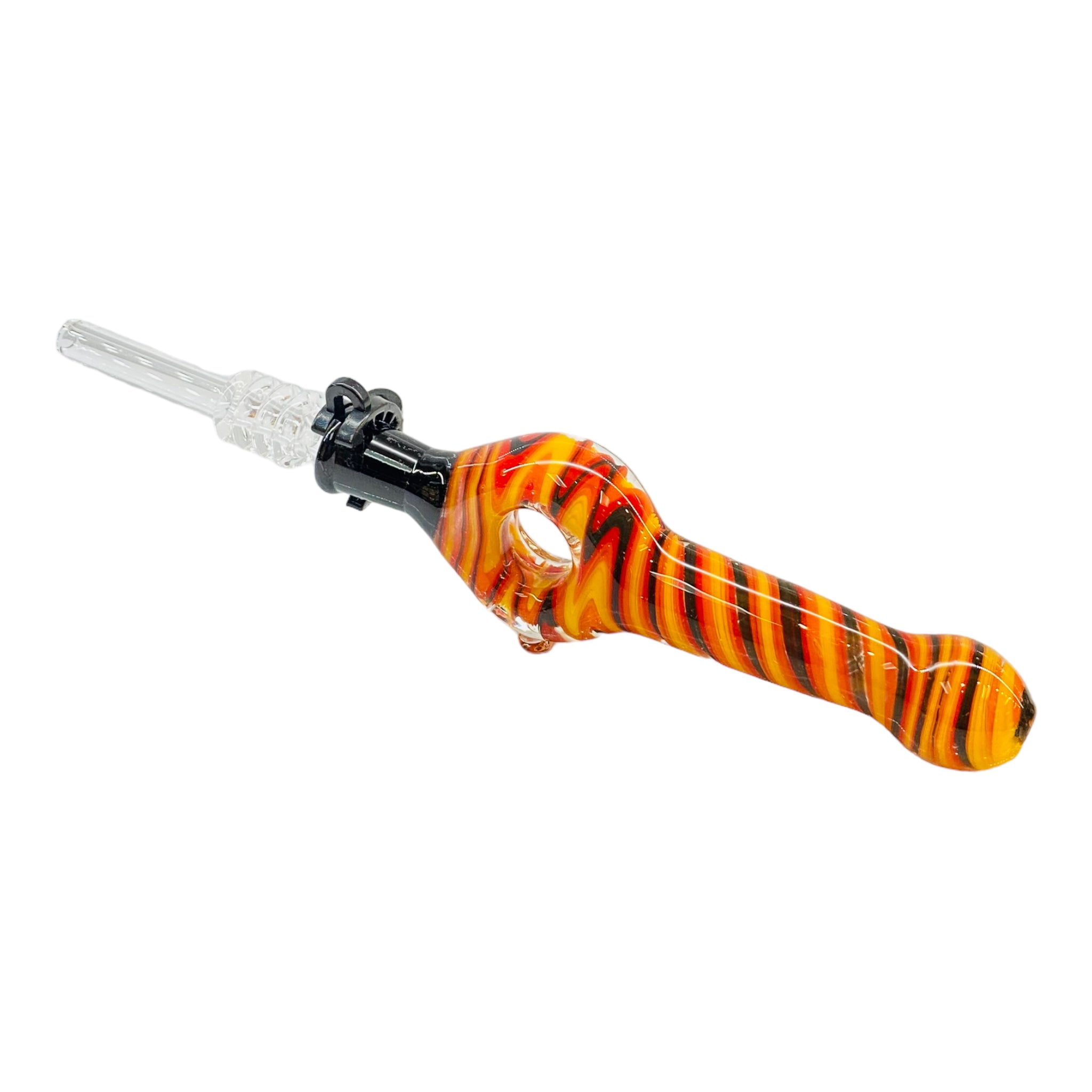 10mm Nectar Collector - Red, Orange, Yellow And Black Wig Wag Spiral Donut With Quartz Tip