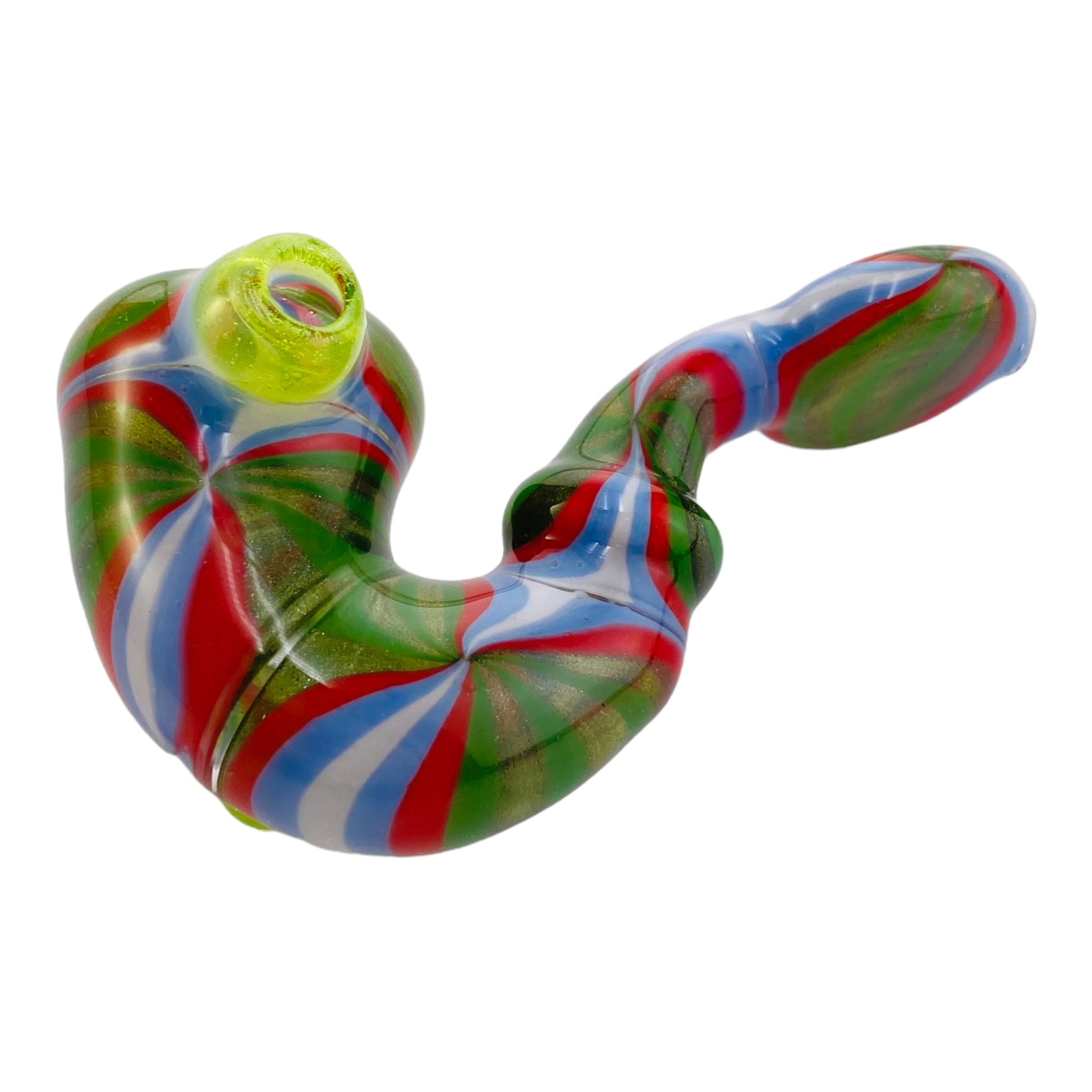 Custom Glass Sherlock Hand Pipe With Red, White, Blue And Green Wig Wag Sections