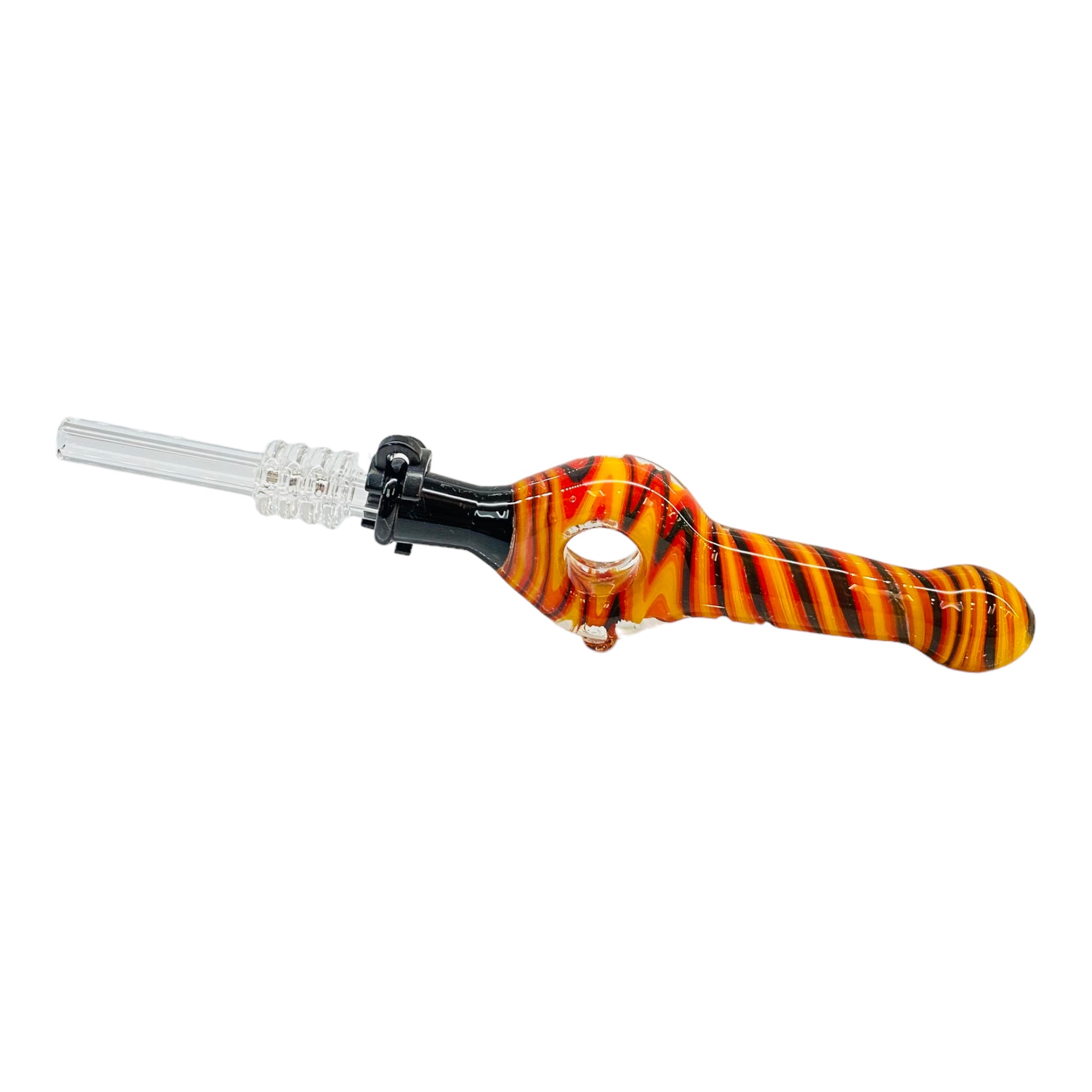 10mm Nectar Collector - Red, Orange, Yellow And Black Wig Wag Spiral Donut With Quartz Tip