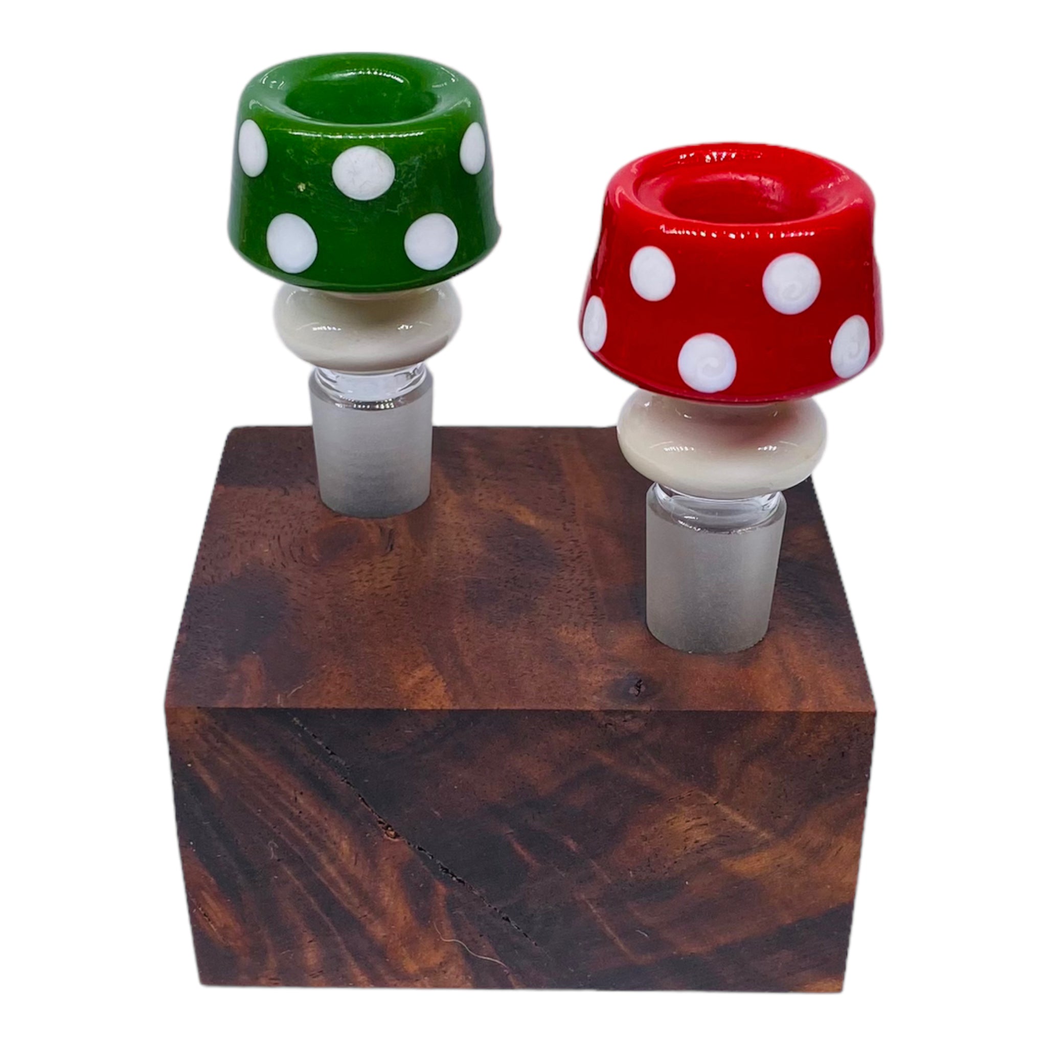 2 Hole Wood Display Stand Holder For 14mm Bong Bowl Pieces Or Quartz Bangers Black Walnut Burl perfect for displaying bong bowls, quartz bangers, marbles, and carb caps