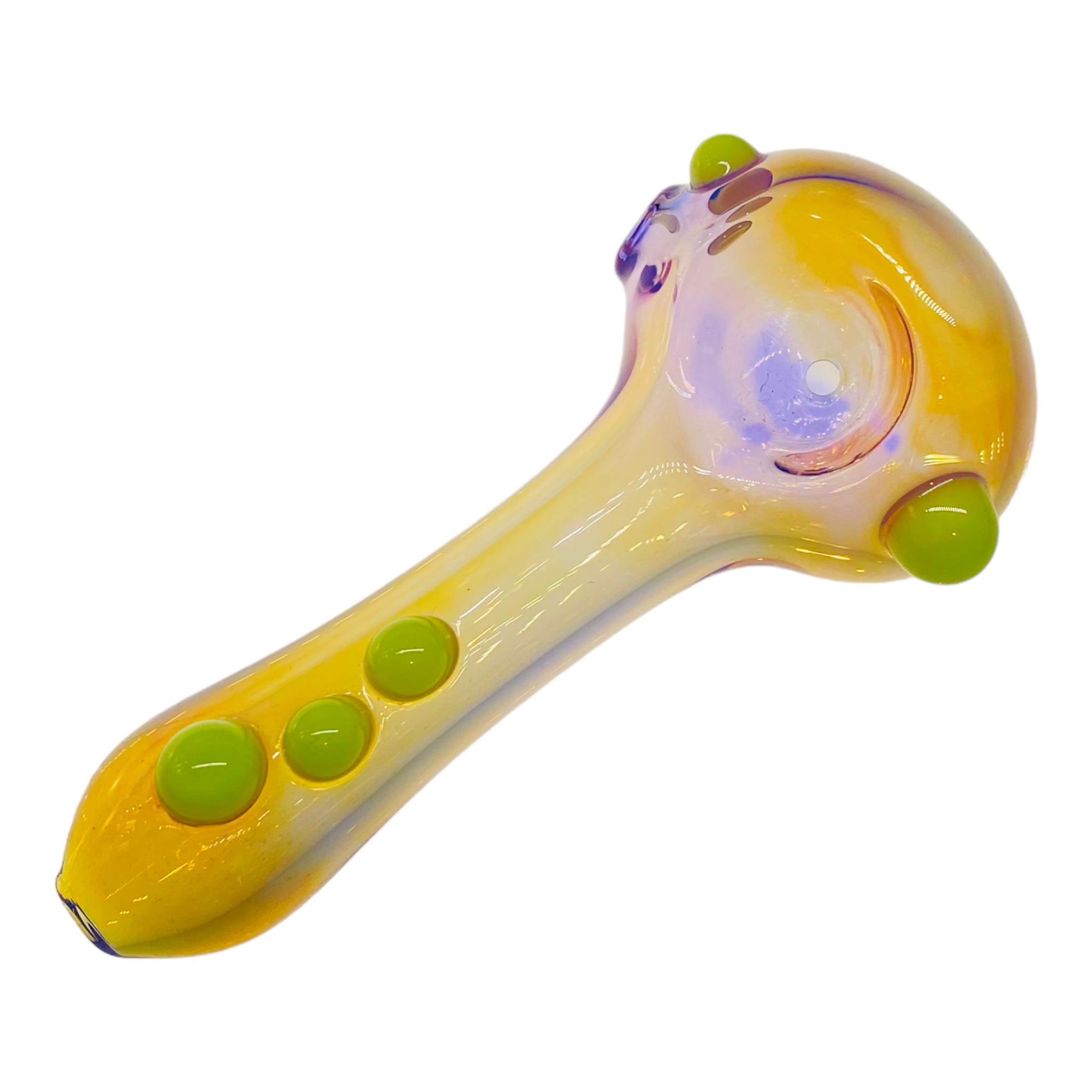 Yellow Fume Over Translucent Purple With Slime Green Dot Accents Glass Hand Pipe