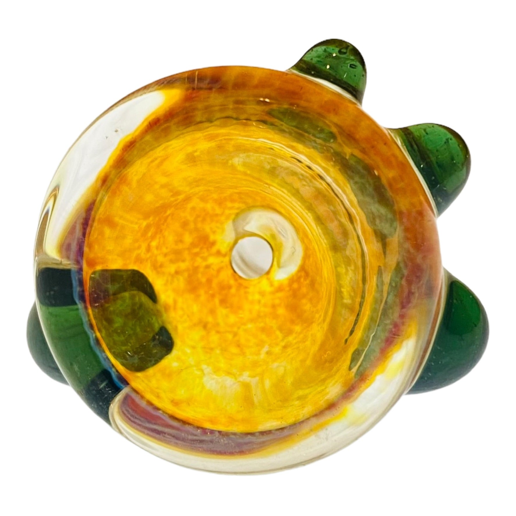 Arko Glass - 14mm Bowl Amber Frit Bubble With Green Dots