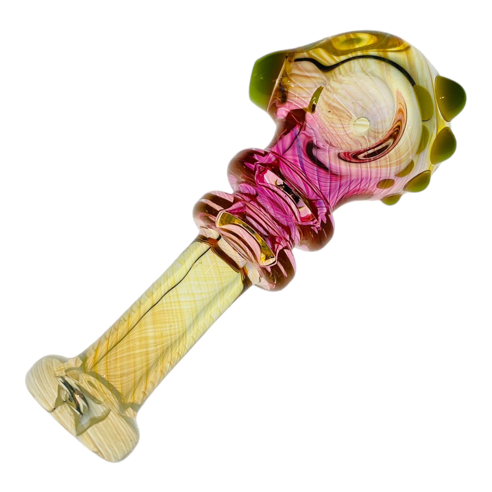 Pink And Yellow Inside Out Glass Hand Pipe With Green Carb