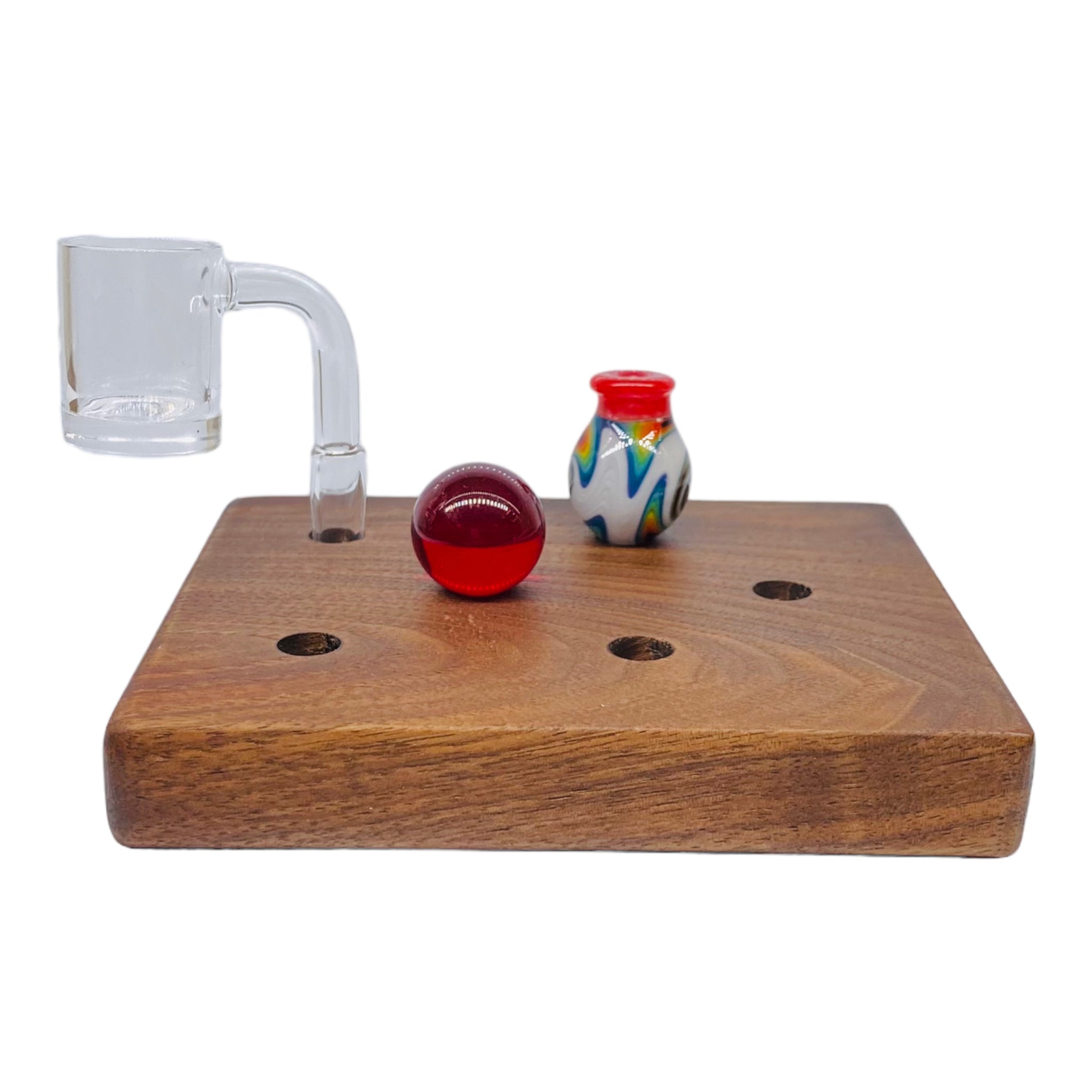 6 Hole Wood Display Stand Holder For 10mm Bong Bowl Pieces Or Quartz Bangers - Black Walnut Perfect for displaying 10mm Bong Bowl Pieces, Quartz Bangers, Carb Caps, And Marbles.