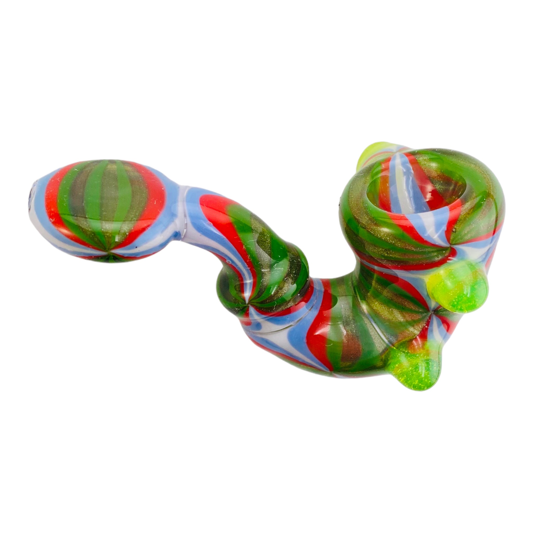 Custom Glass Sherlock Hand Pipe With Red, White, Blue And Green Wig Wag Sections