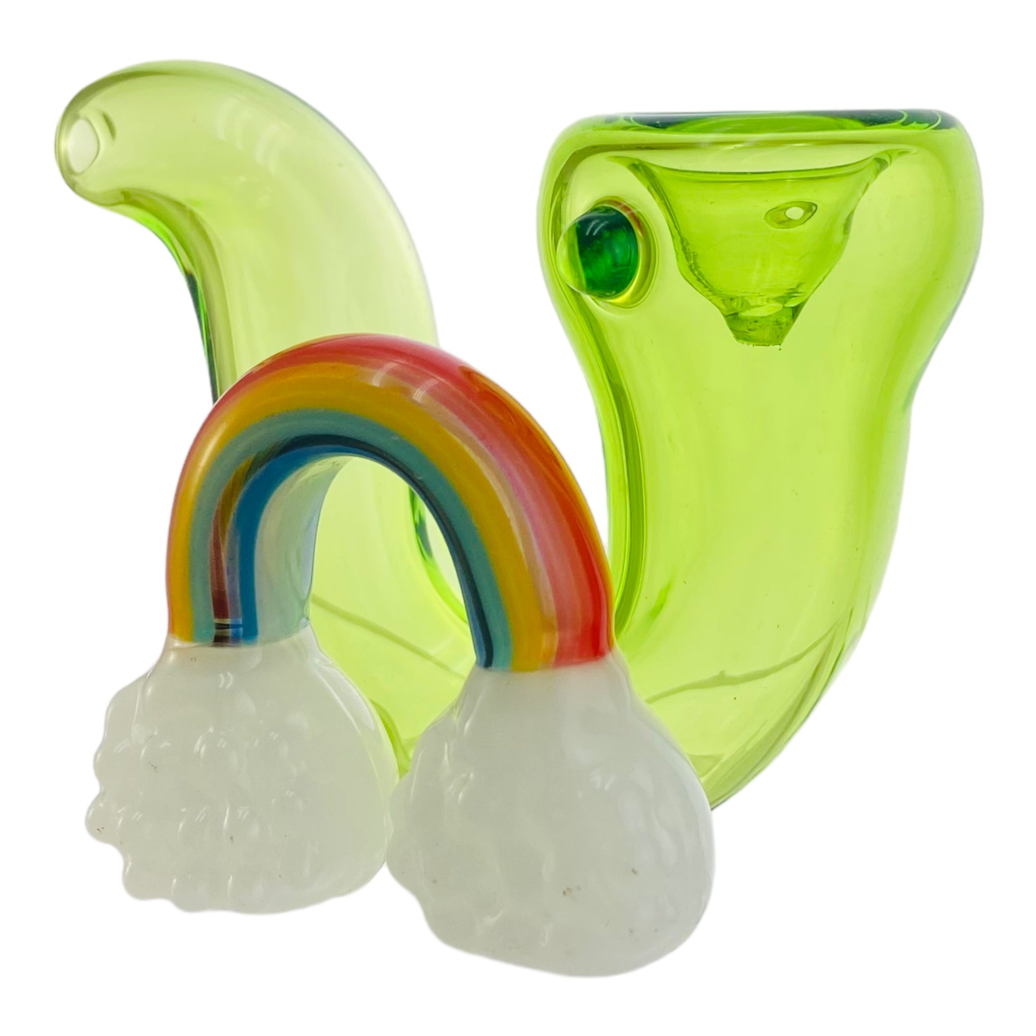 Green Glass Sherlock Hand Pipe With Rainbow And Clouds