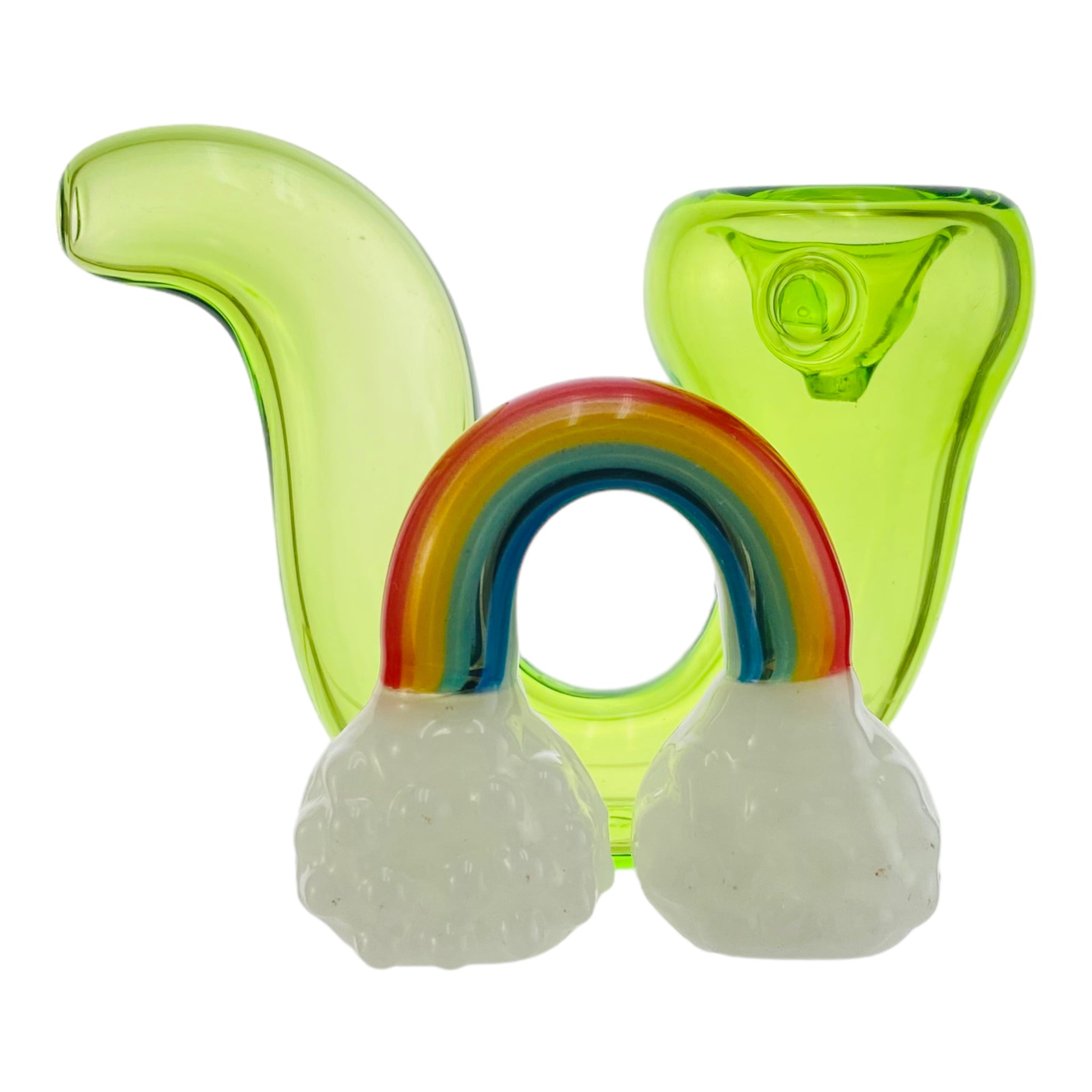 Green Glass Sherlock Hand Pipe With Rainbow And Clouds