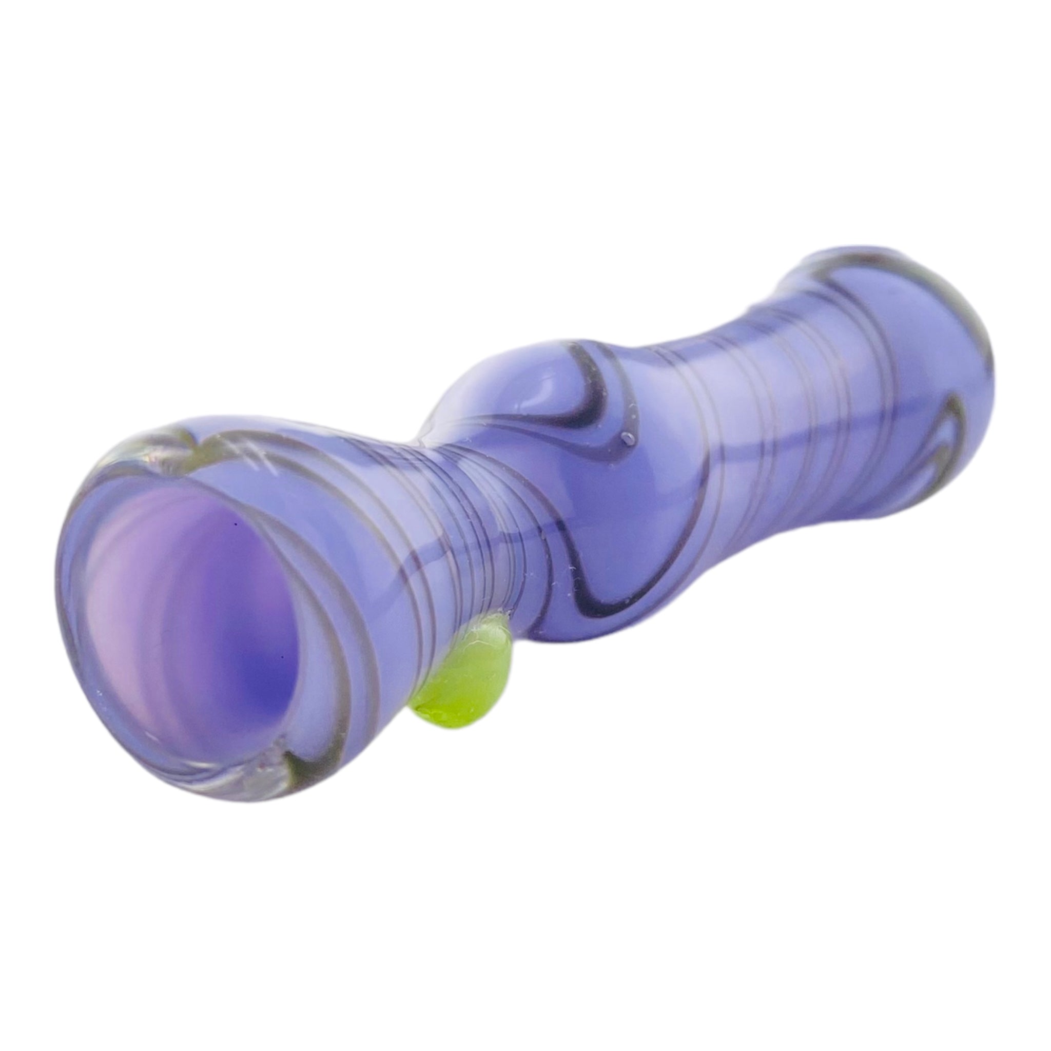 Glass Chillum Pipe - Purple With Black Spirals And Green Dot