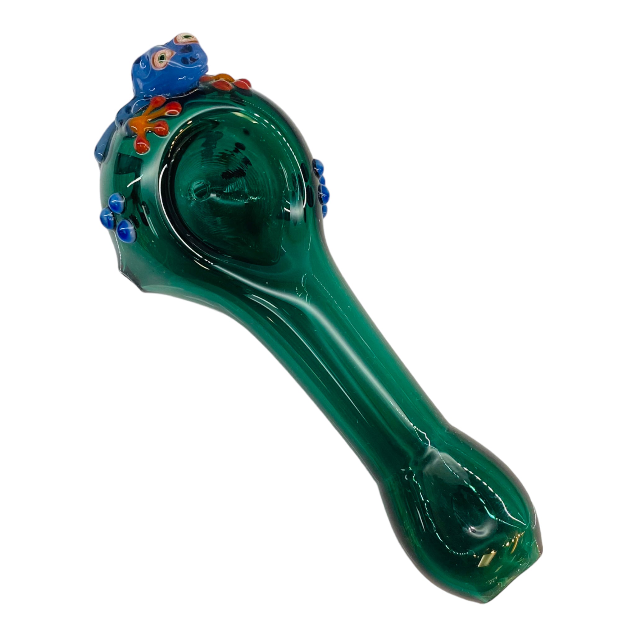 Green Glass Hand Pipe With Blue Dart Frog On End