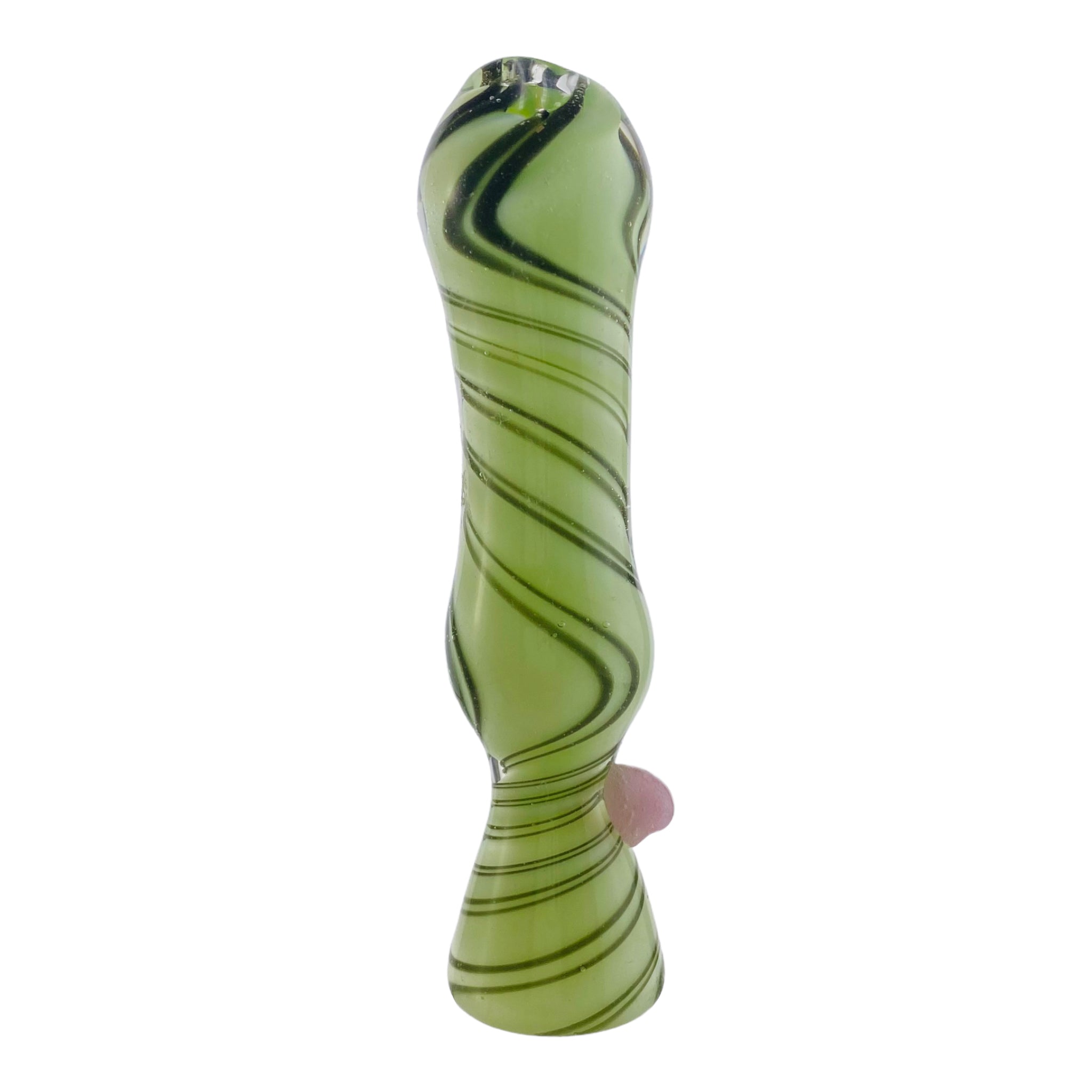 Glass Chillum Pipe - Green With Black Spirals And Pink Dot