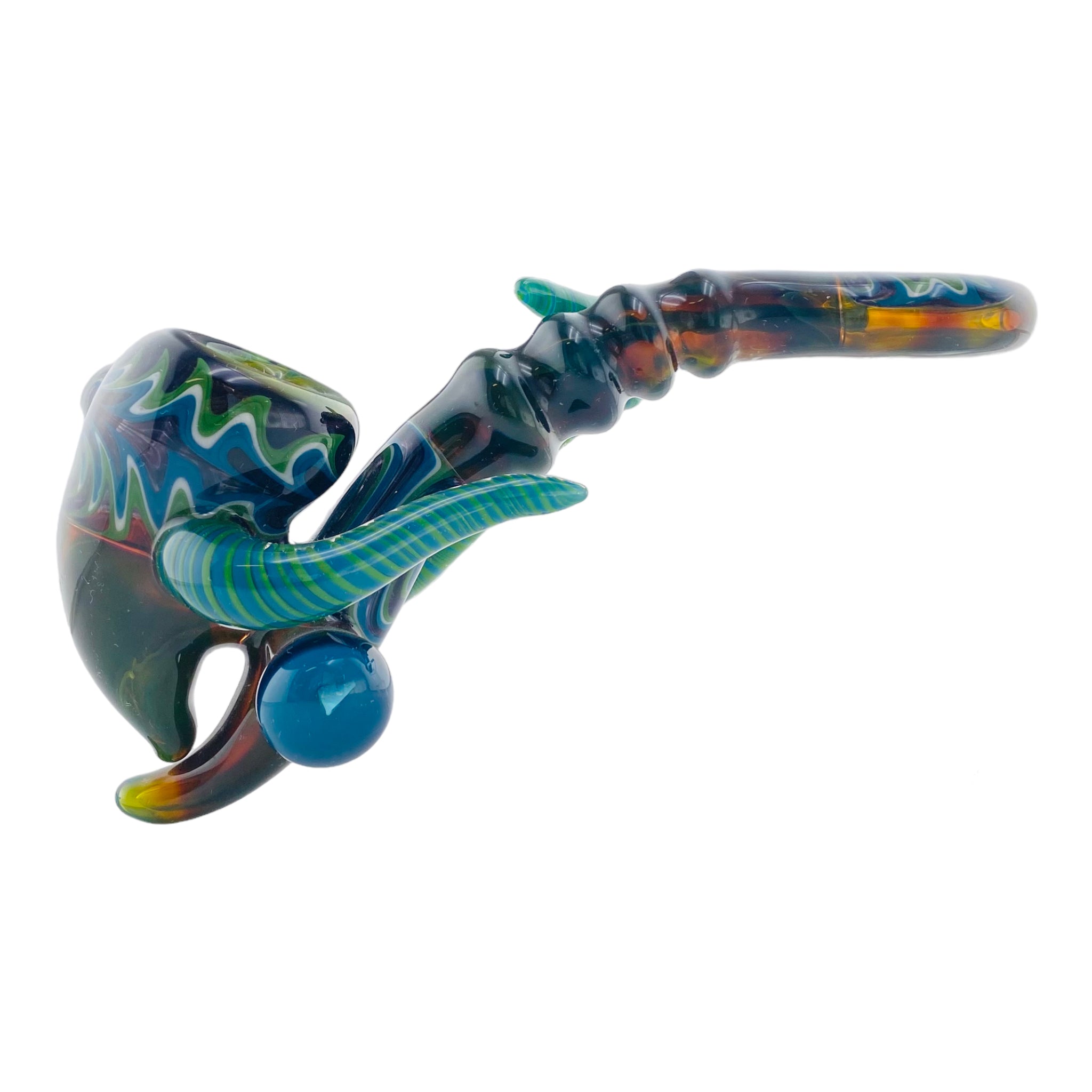 Blue And Green Wig Wag With Alientech And Opal Marble Glass Sherlock Hand Pipe