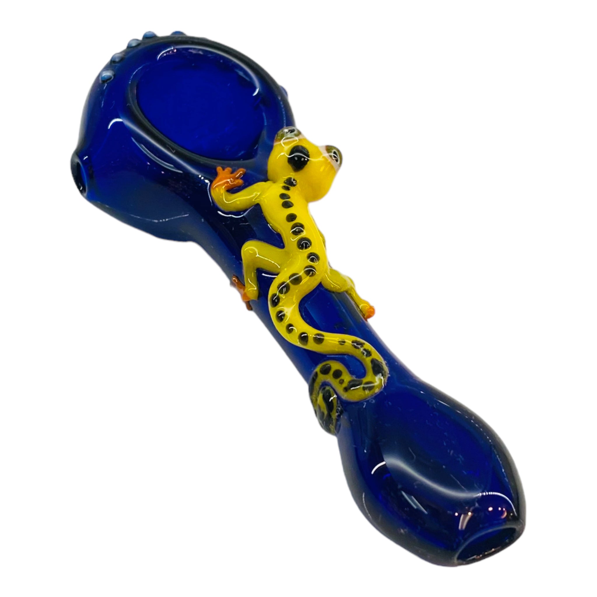 Blue Glass Hand Pipe With Small Cute Yellow Gecko Lizard