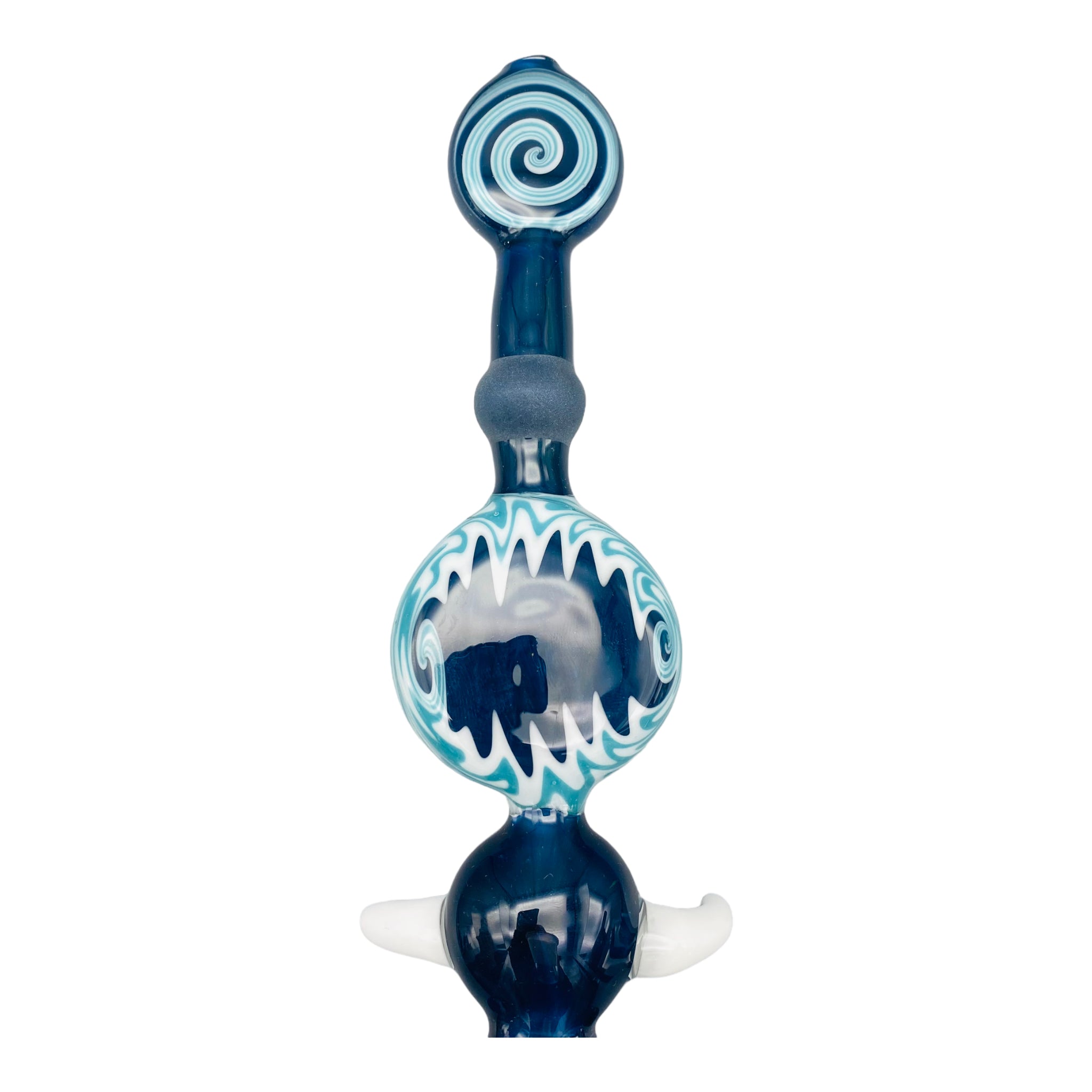 Large Blue Wig Wag Pull Bowl Custom Glass Dry Hand Pipe With Large Horns And Opals