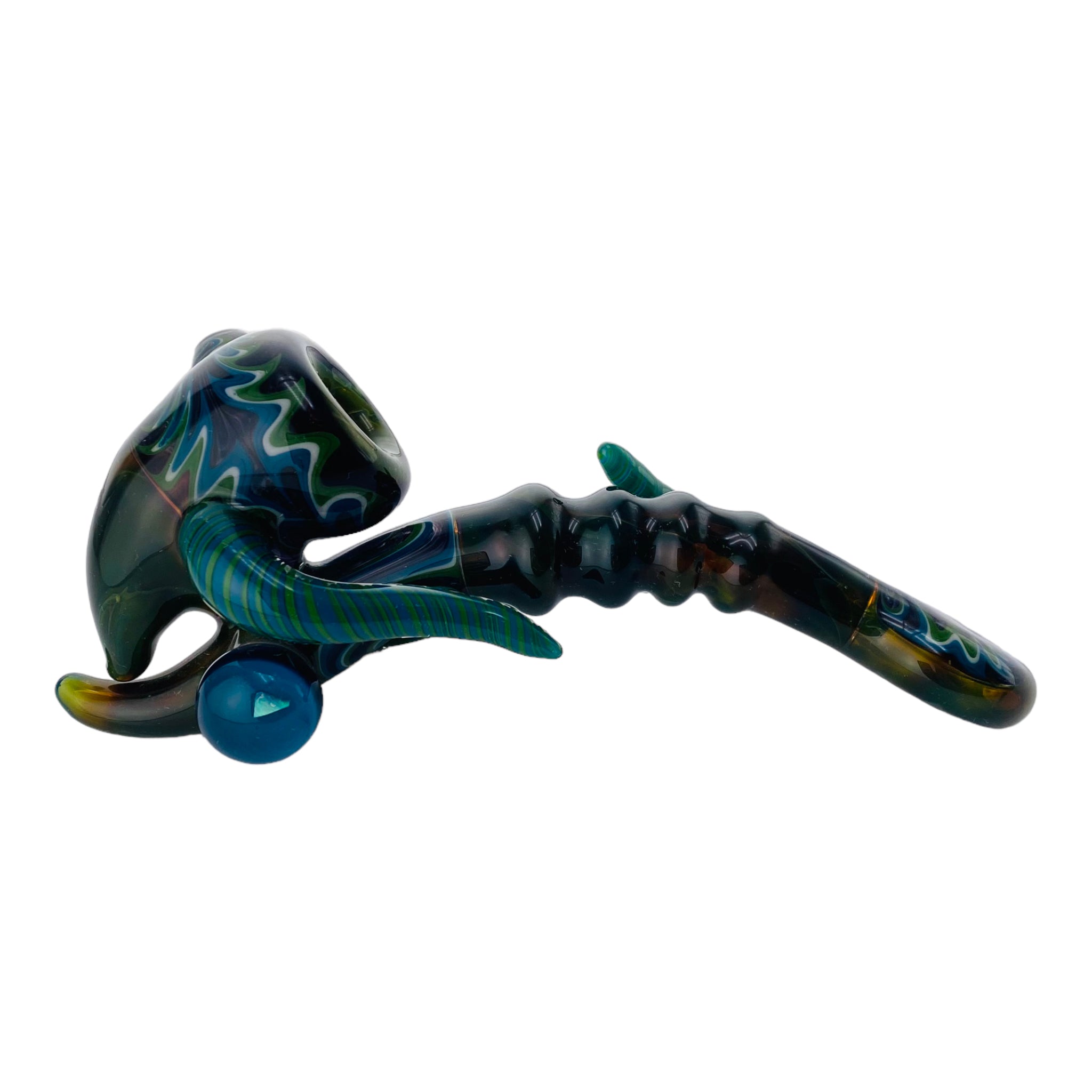 Blue And Green Wig Wag With Alientech And Opal Marble Glass Sherlock Hand Pipe
