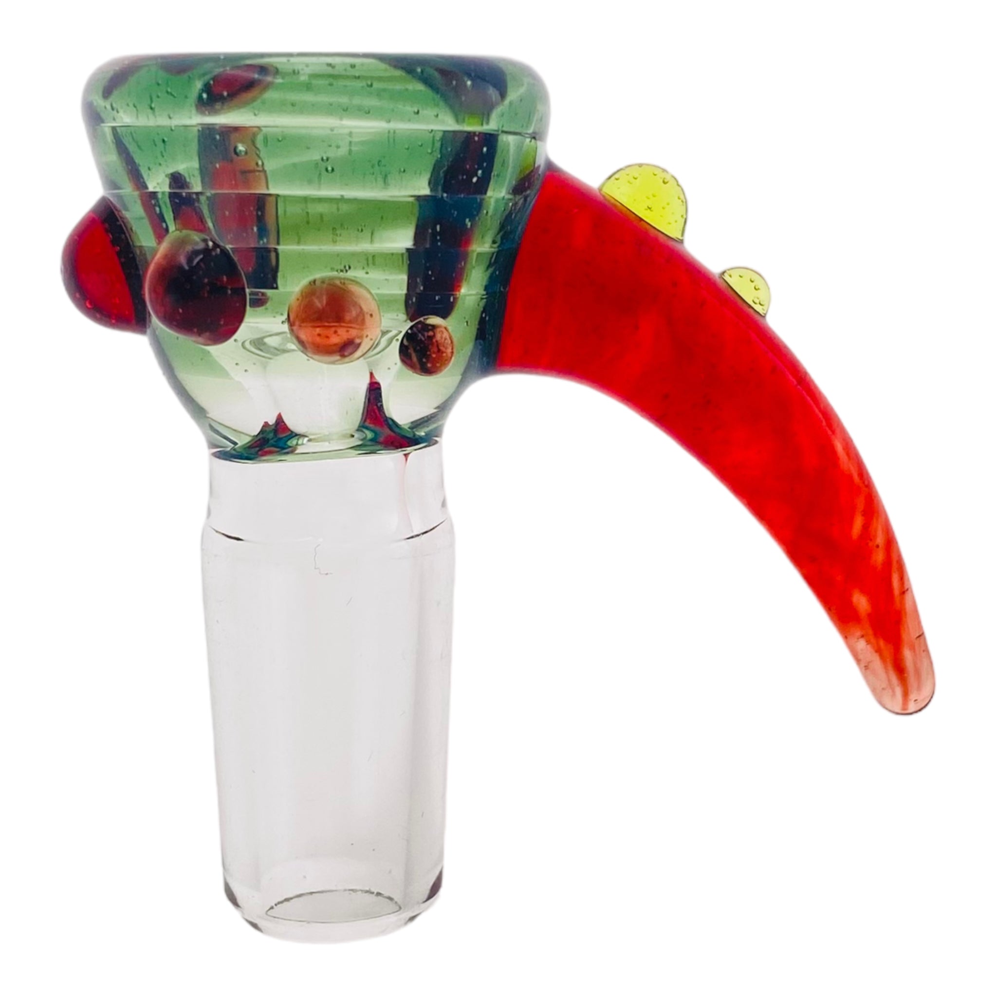 Arko Glass - 14mm Flower Bowl - Green Bowl With Red Handle Horn And Green And Red Dots