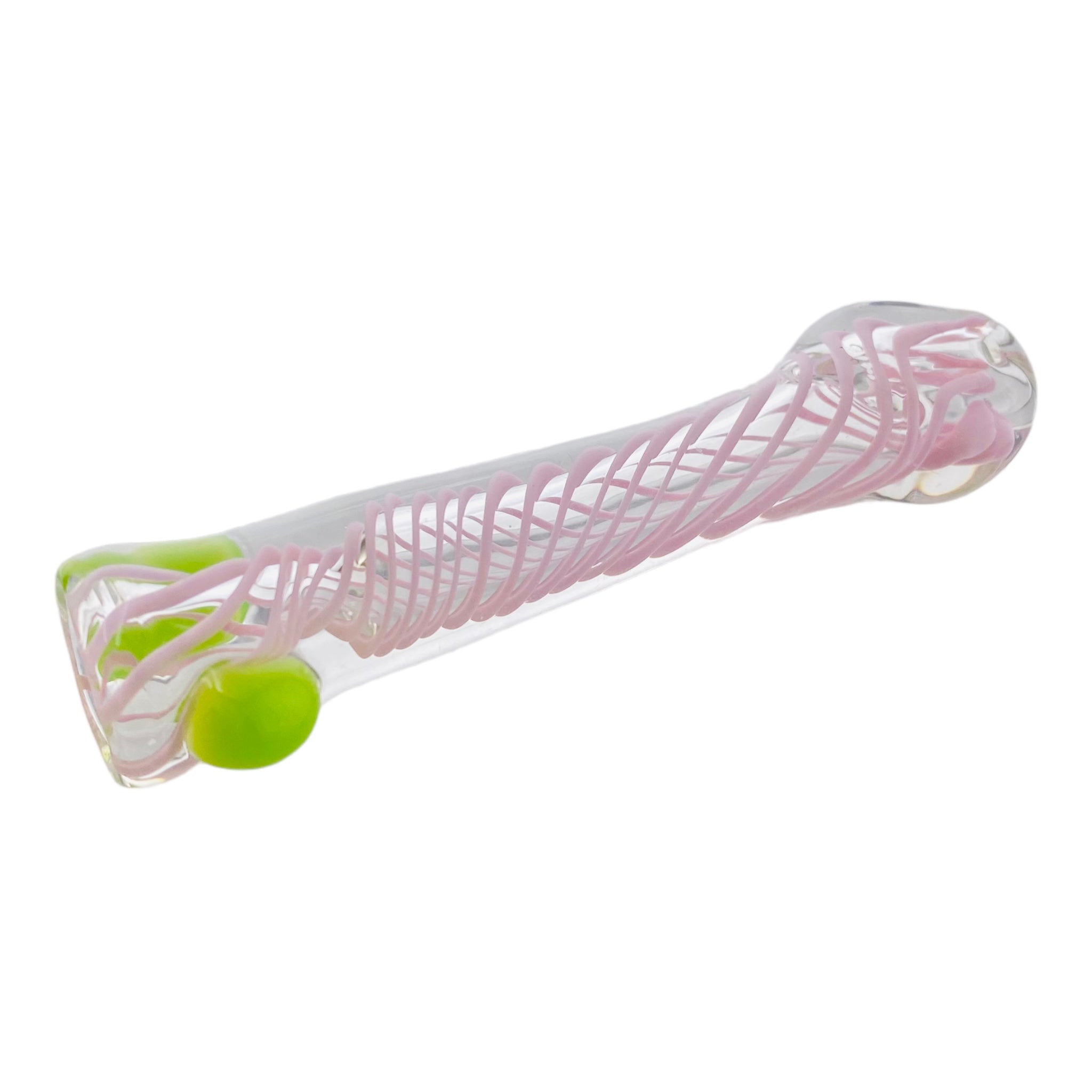 Glass Chillum Pipe - Pink Spiral With Green Dots