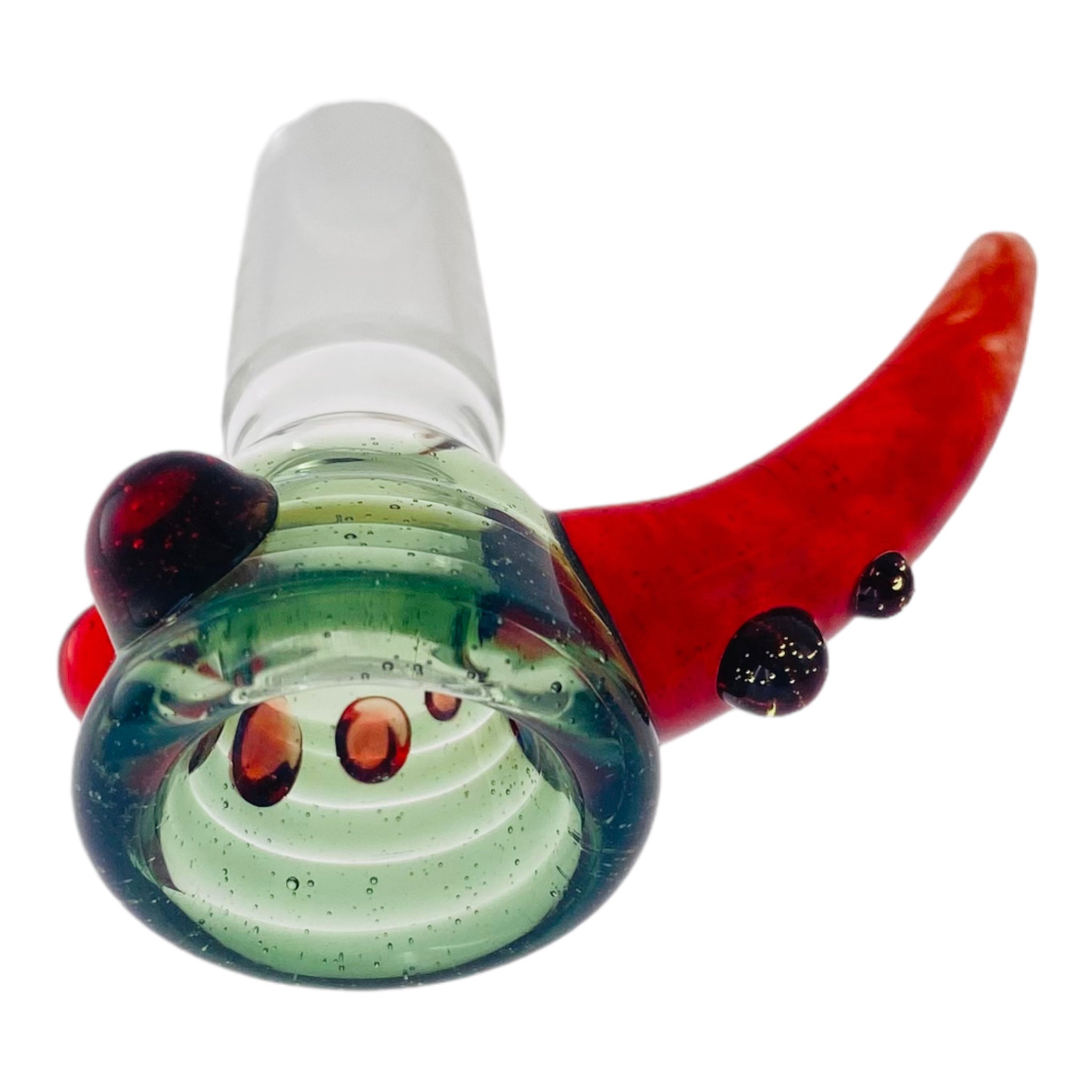 Arko Glass - 14mm Flower Bowl - Green Bowl With Red Handle Horn And Green And Red Dots