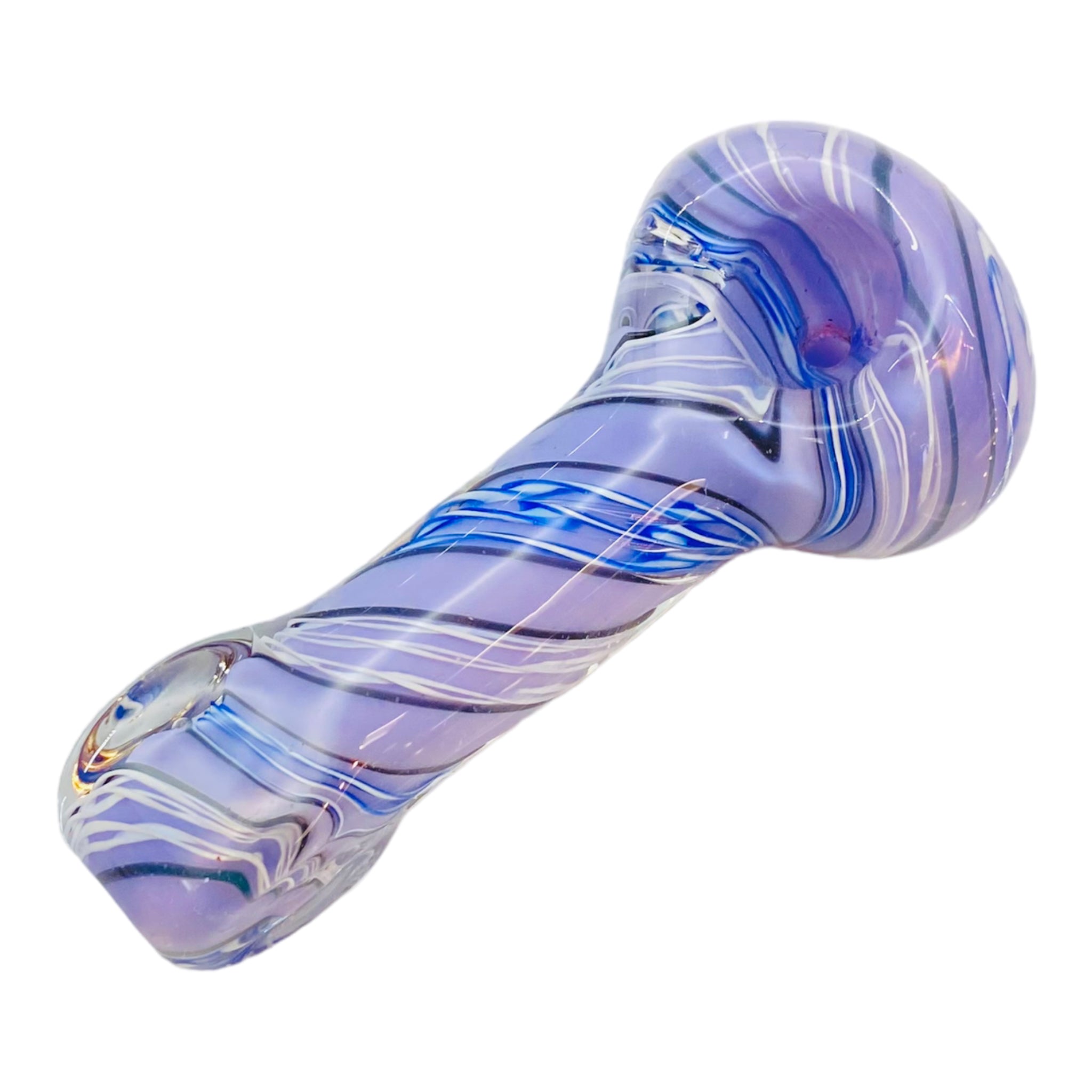 Purple Glass Hand Pipe With Blue, Black, And White Twist