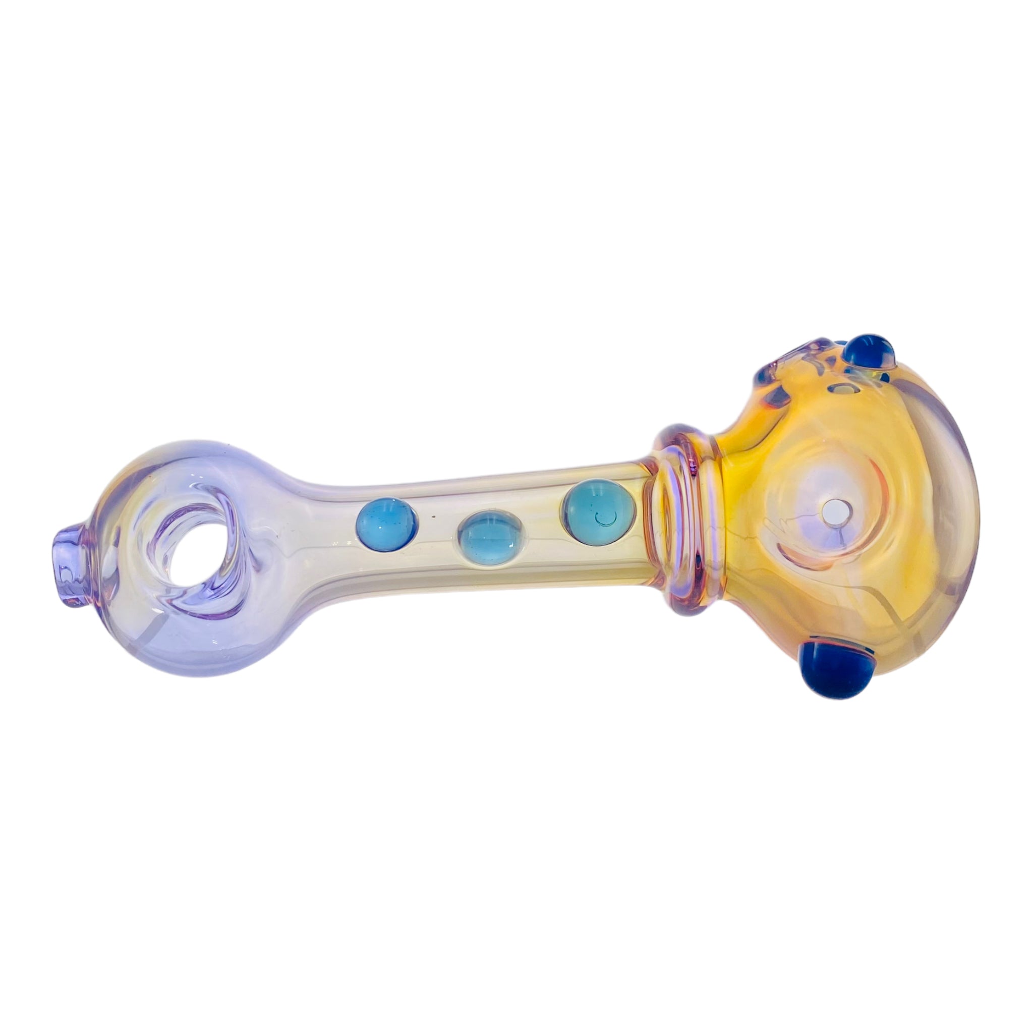 Yellow Silver Fuming Over Purple Glass With Blue Dots Glass Hand Pipe