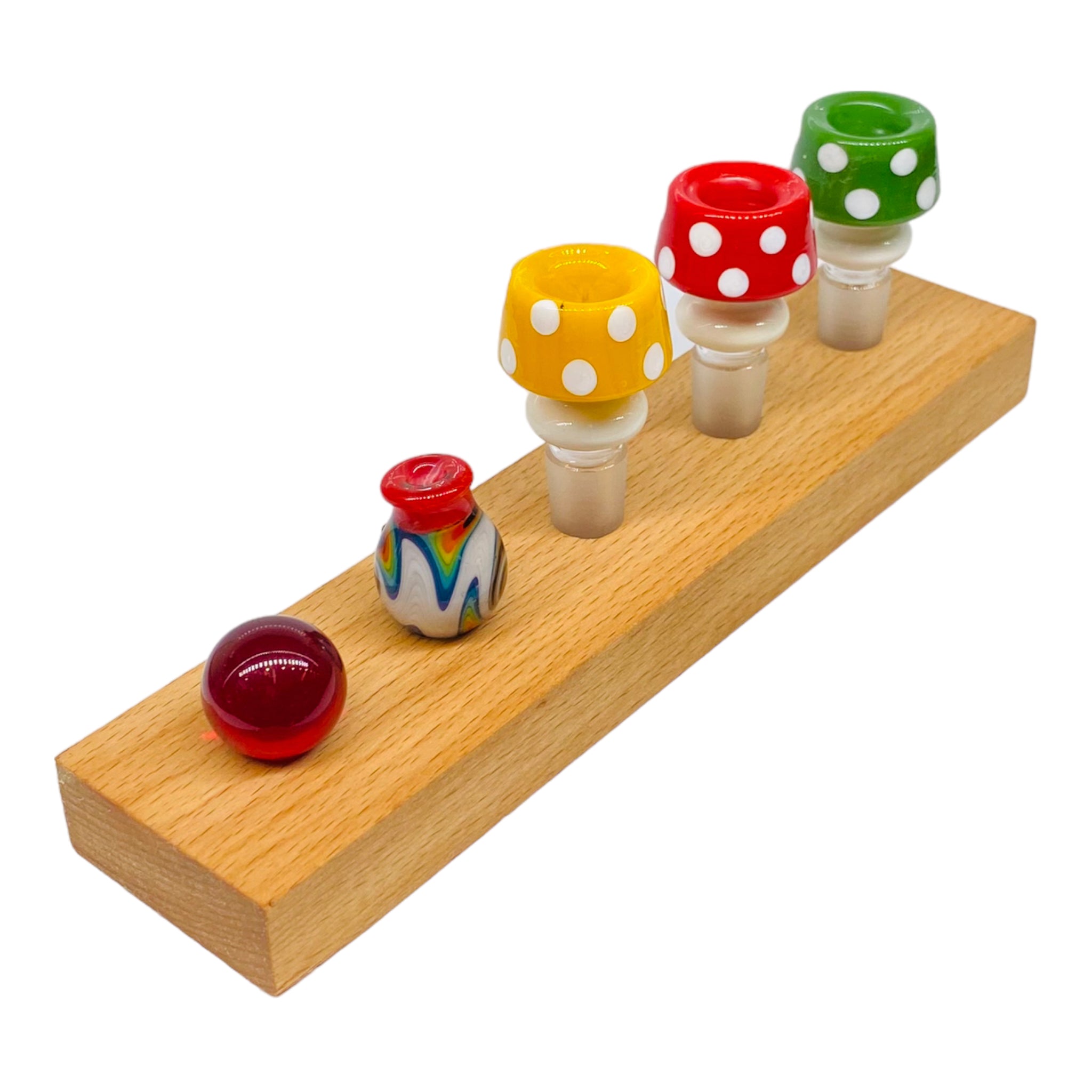 5 Hole Wood Display Stand Holder For 14mm Bong Bowl Pieces Or Quartz Bangers - Cedar Perfect for displaying 14mm Bong Bowl Pieces, Quartz Bangers, Carb Caps, And Marbles.