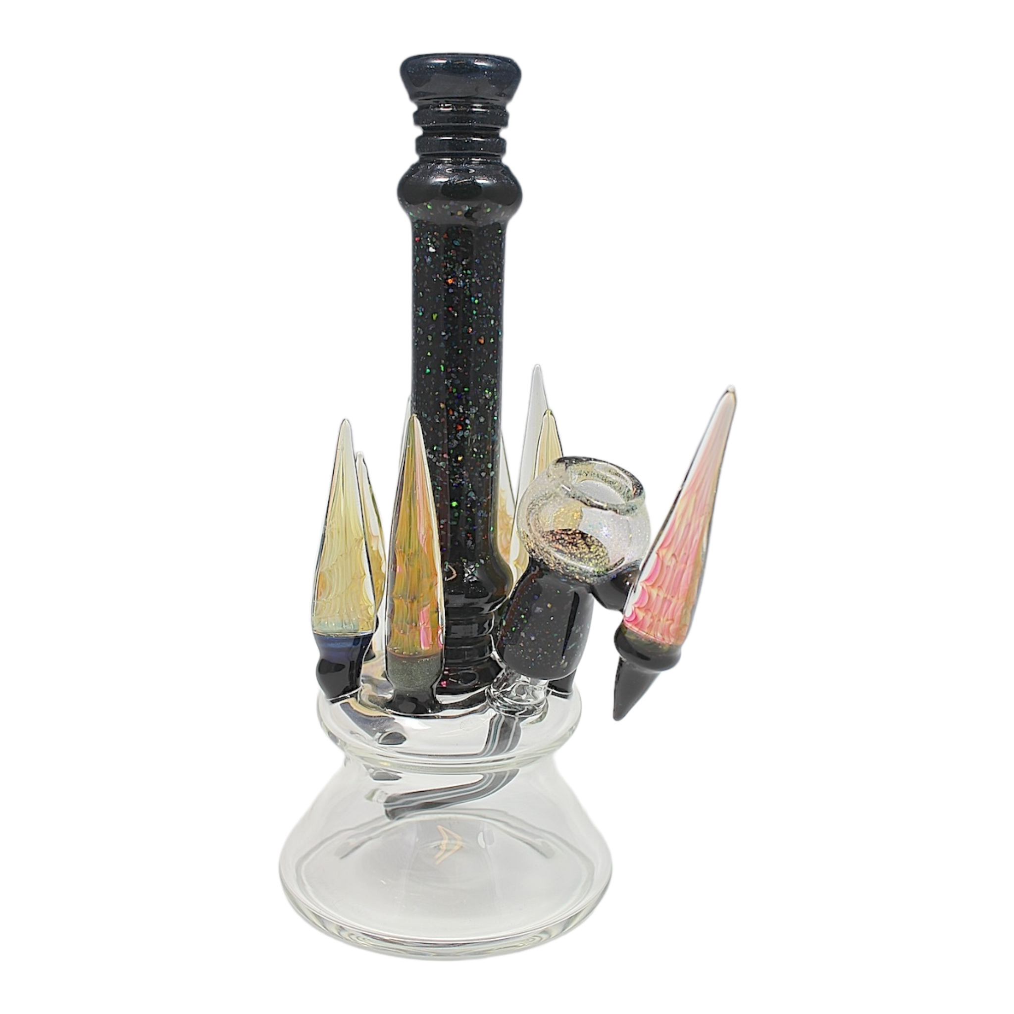 Joel Halen Glass - Crushed Opal Minitube With Multiple Fumed Horns And Matching Tool Dab Set