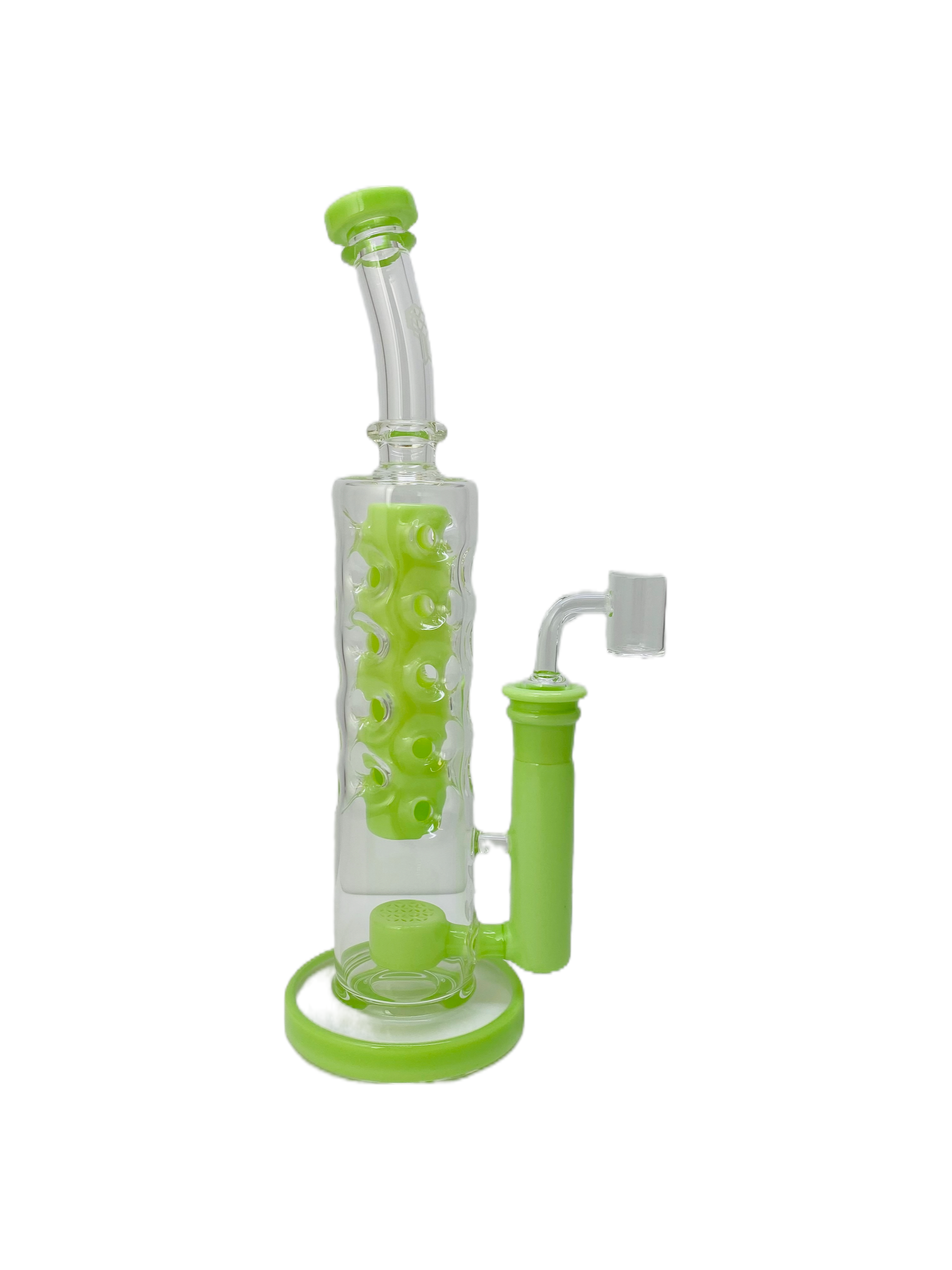 Selection of beautiful glass bongs, straight fab, recyclers, and dab rigs made by Deluxe Glass