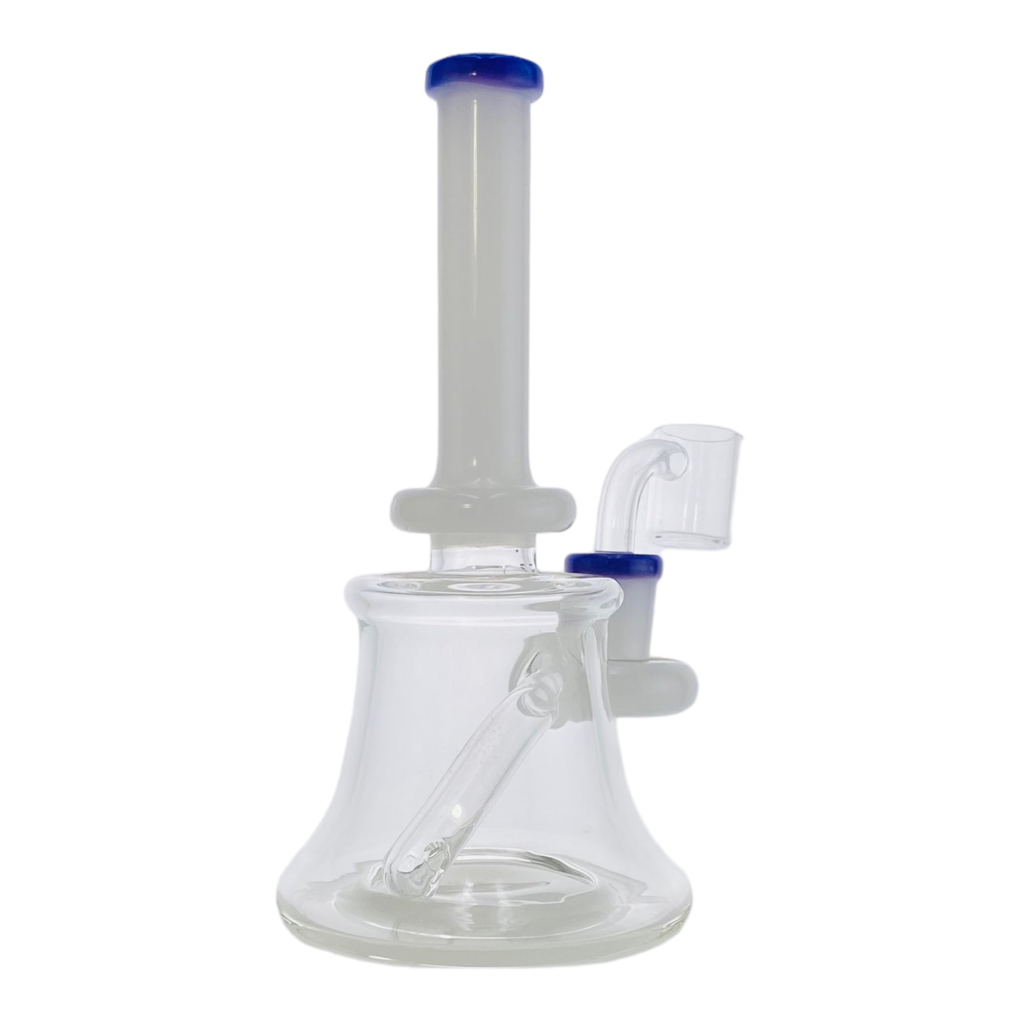 This mini tube dab rig features a white neck and fitting with a stunning purple trim. It stands 7" tall and includes a 14mm banger hanger fitting and 14mm quartz banger, making it ideal for both wax and oil concentrates