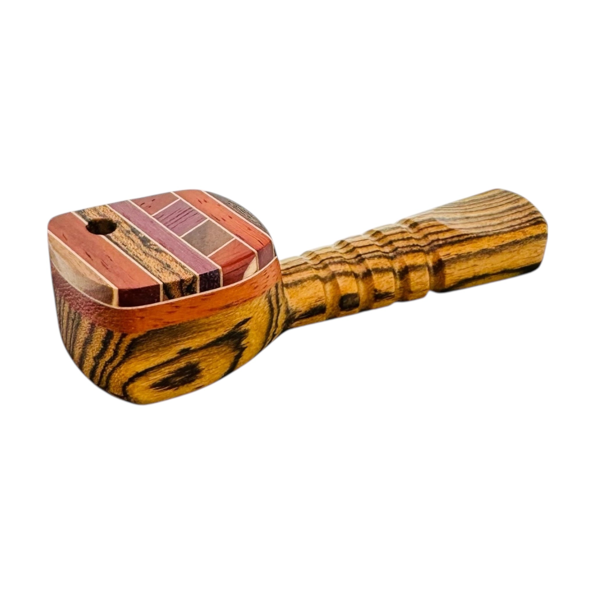 Wooden smoking pipe with a multicolored bowl on a white background