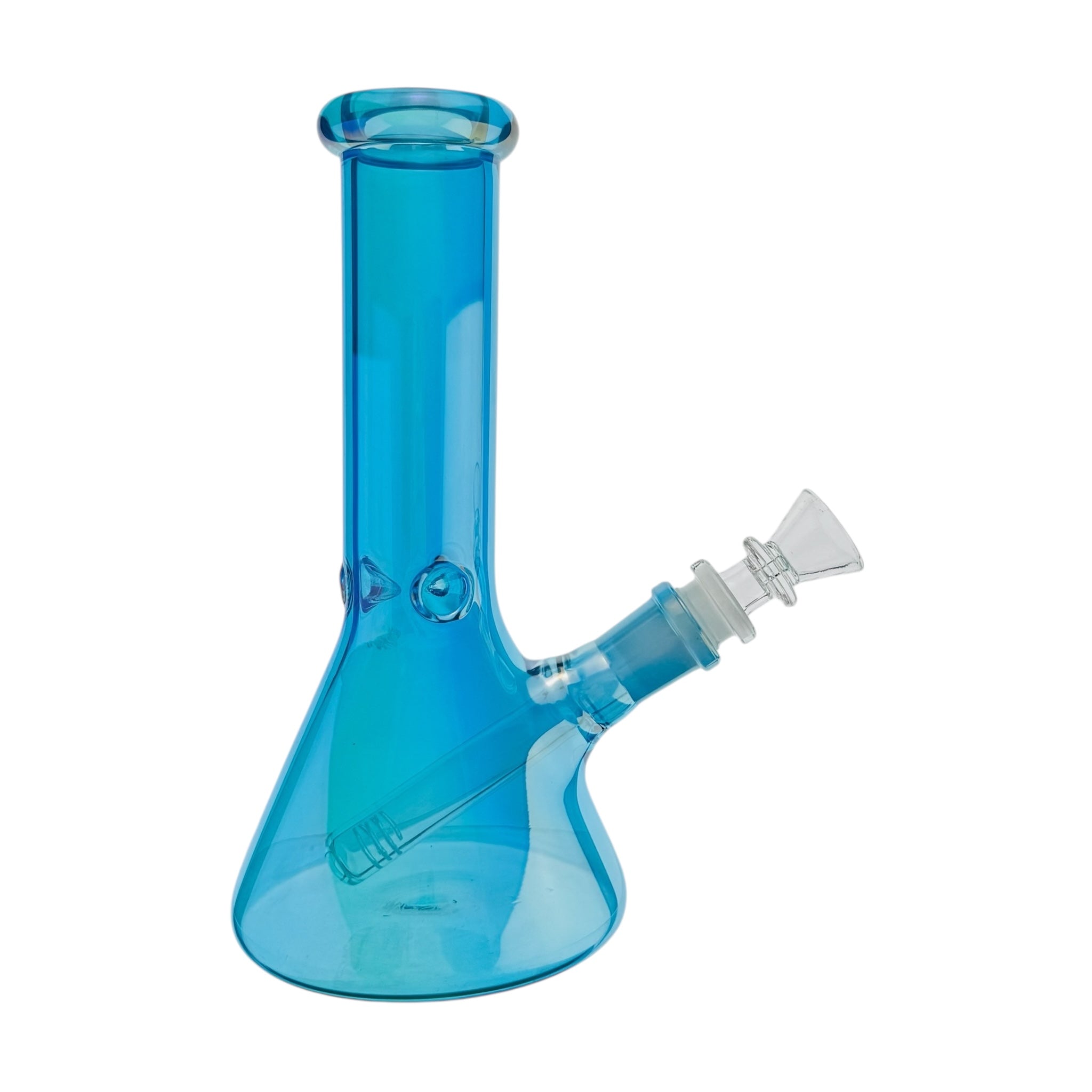 Blue glass beaker bong on a white background