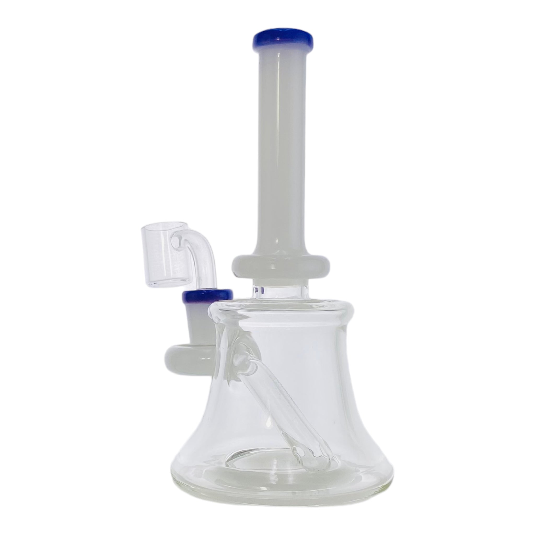 This mini tube dab rig features a white neck and fitting with a stunning purple trim. It stands 7" tall and includes a 14mm banger hanger fitting and 14mm quartz banger, making it ideal for both wax and oil concentrates