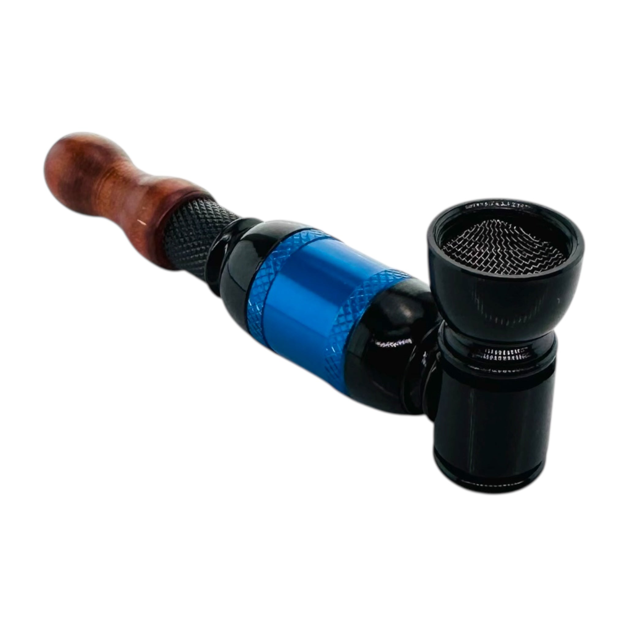 metal weed pipe with wooden mouthpiece and blue and black body on a white background