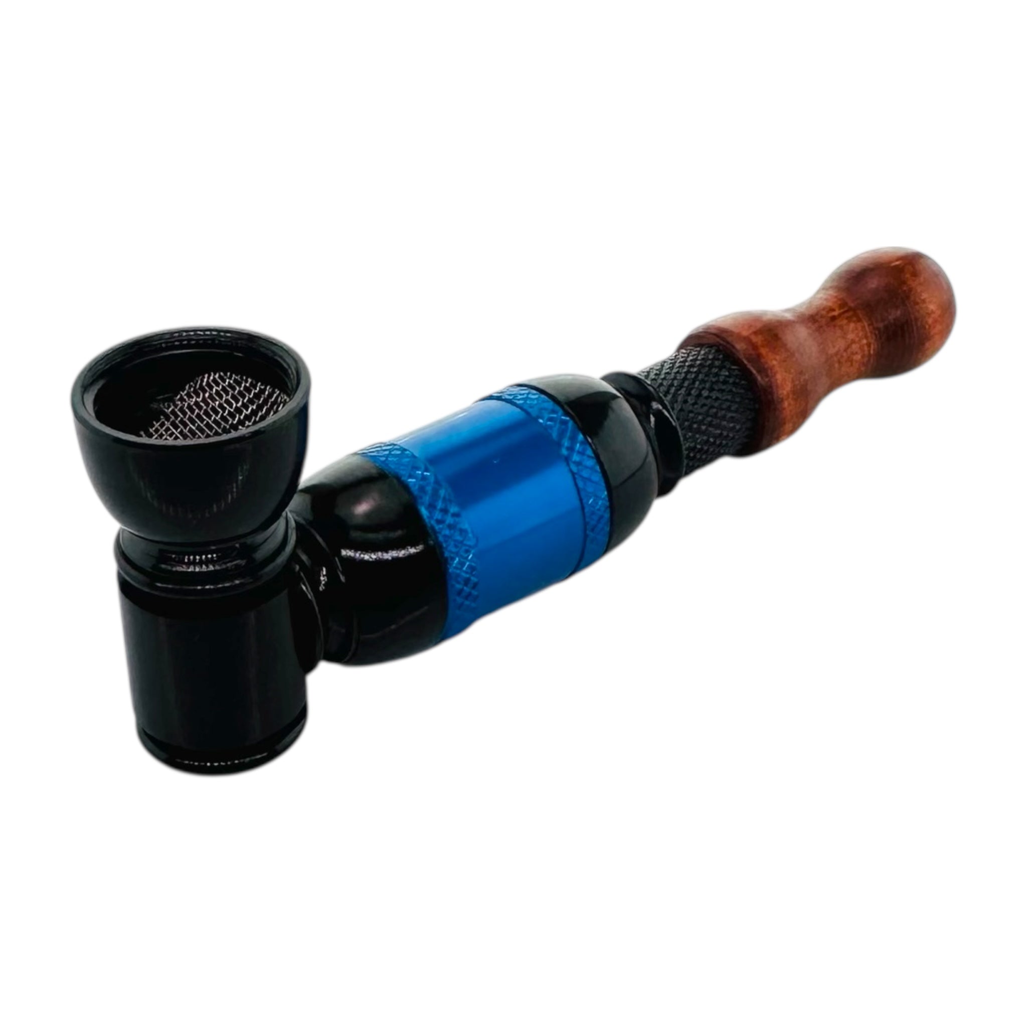 Pipe with blue and black design on a white background