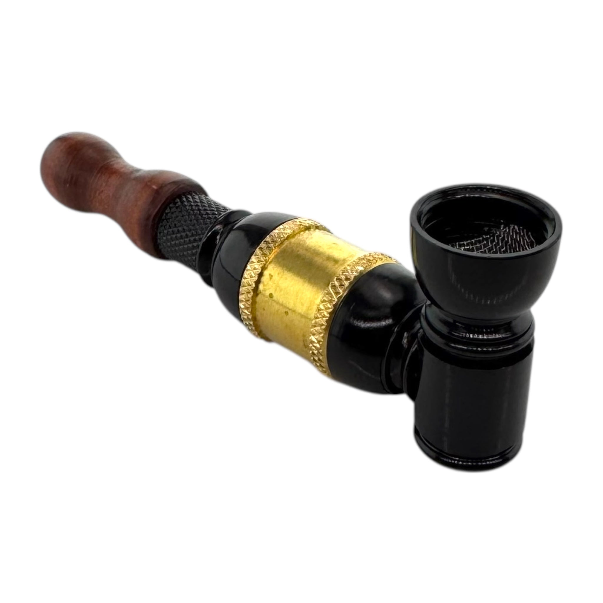 Pipe with wooden stem, black and gold body on a white background