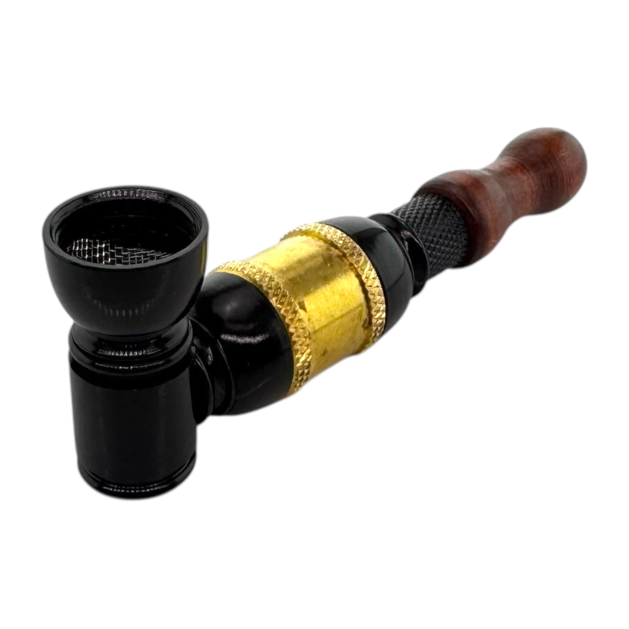 Black and gold smoking pipe with wooden mouthpiece on a white background