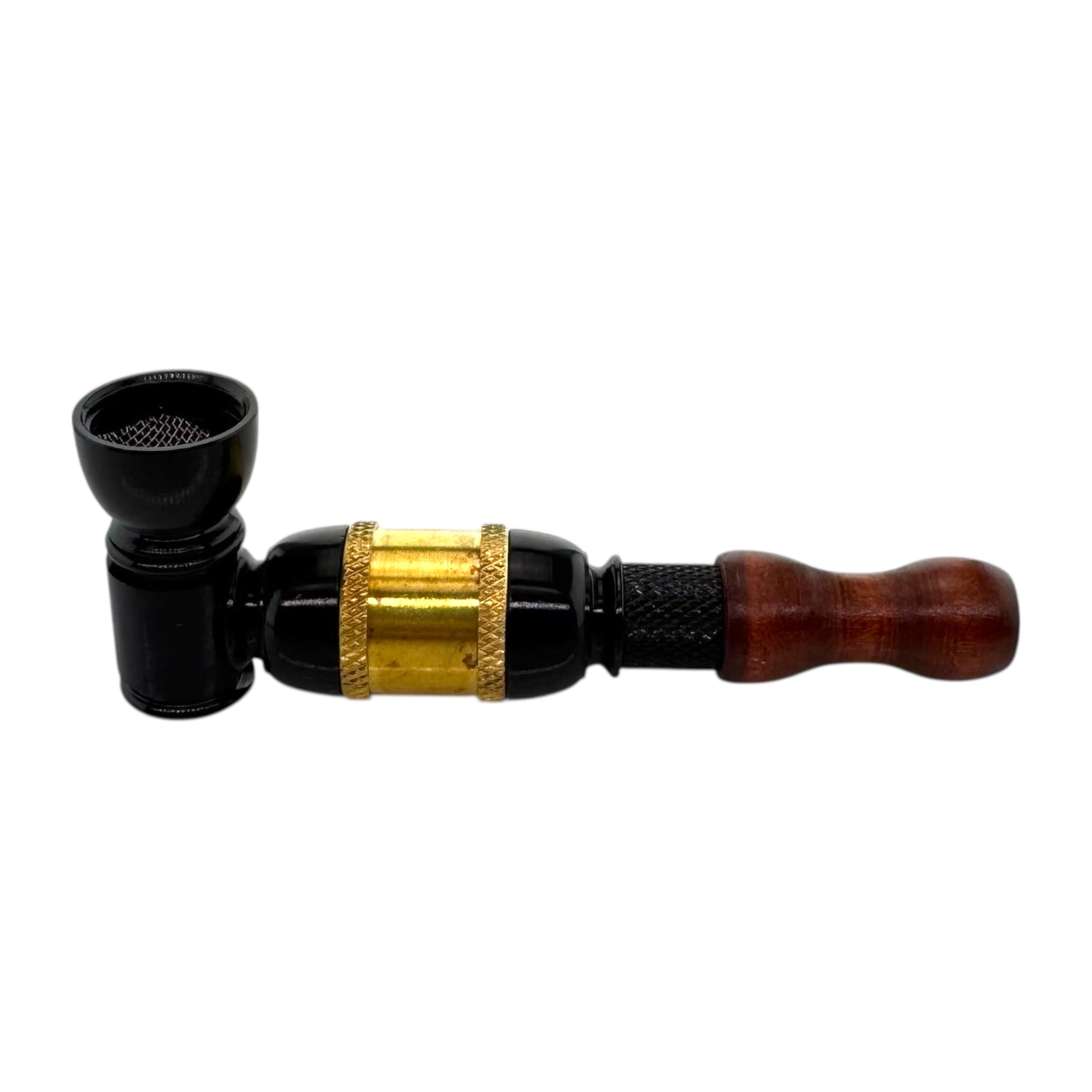 Black and gold smoking pipe with wooden handle on a white background