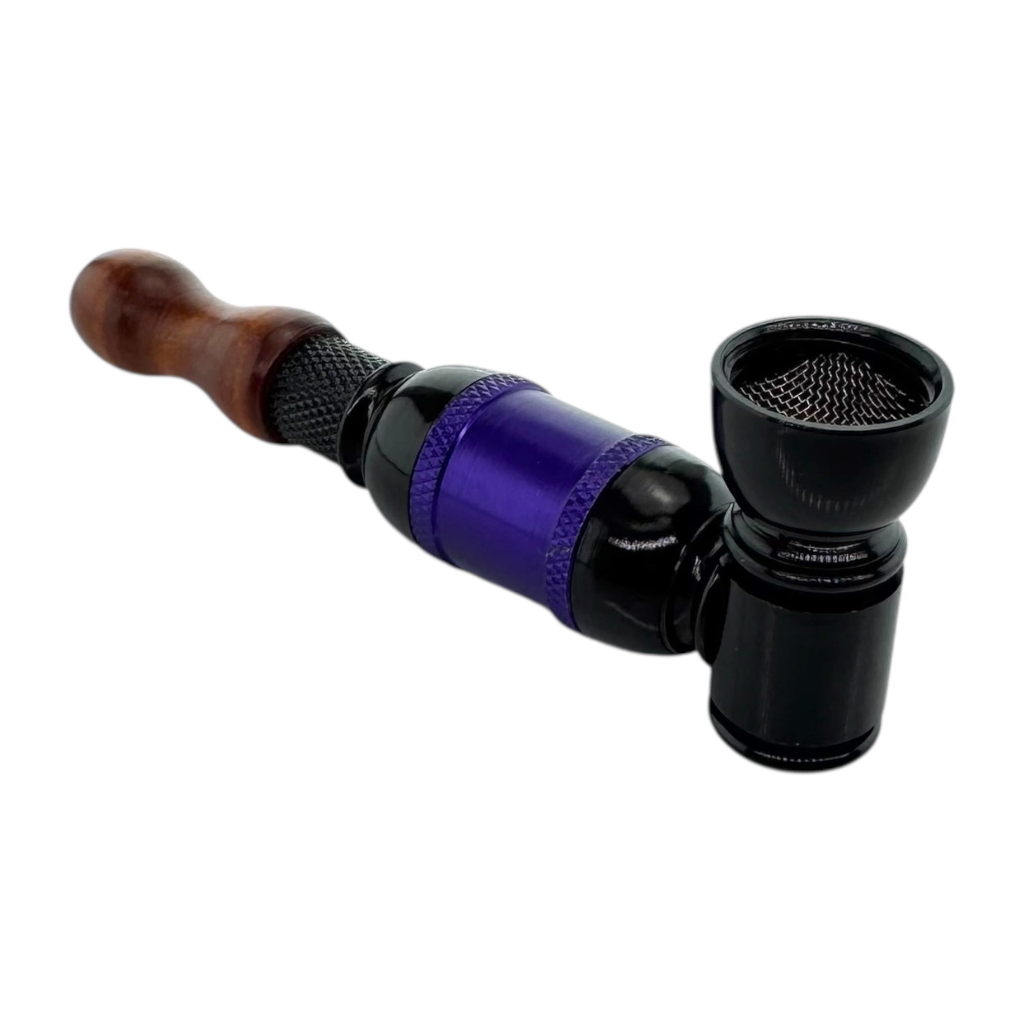 Pipe with wooden stem and black and purple body on a white background